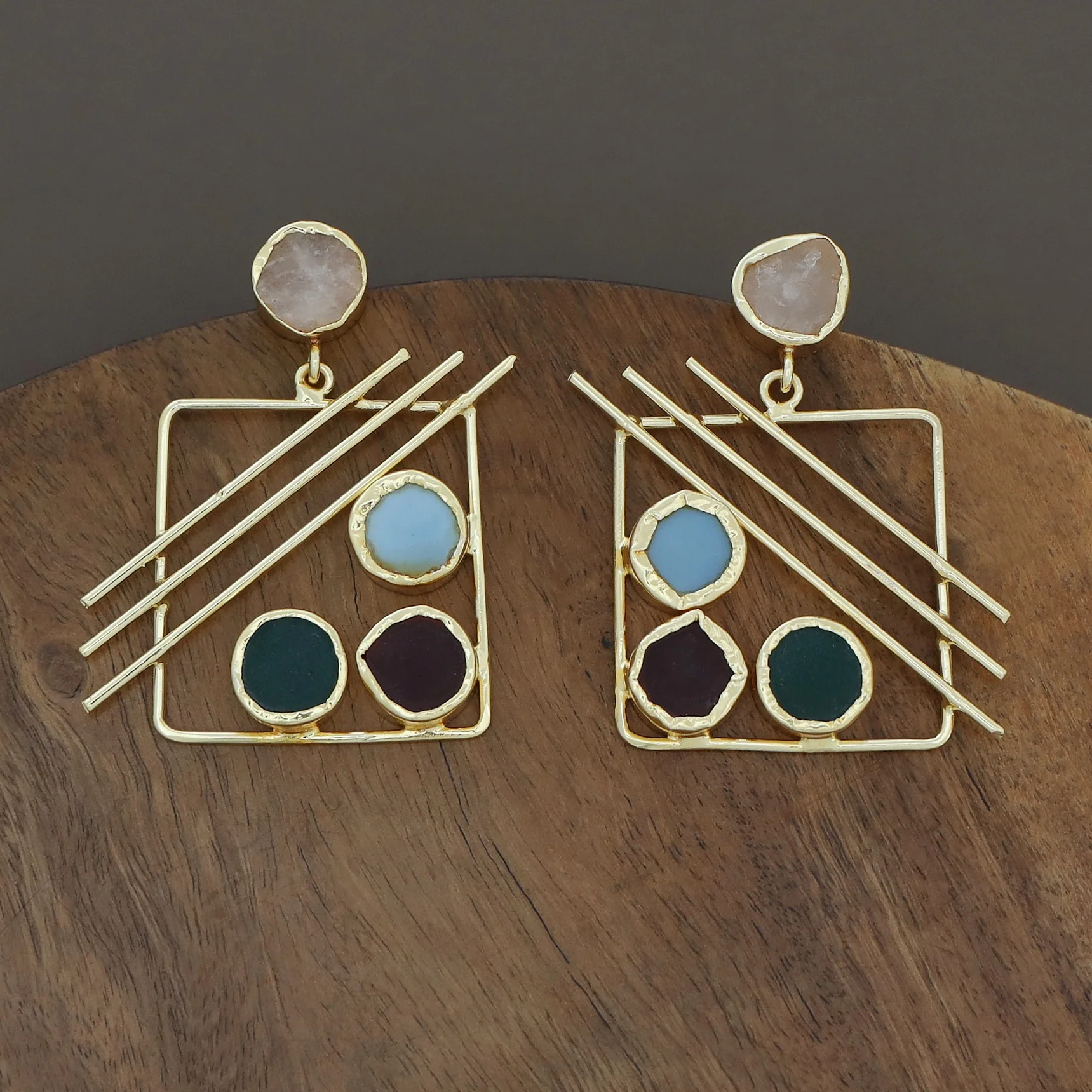 Golden Square Triple Line Raw Stone Earring - Image 24