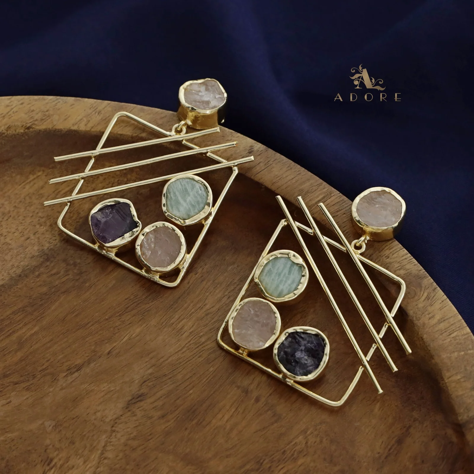 Golden Square Triple Line Raw Stone Earring - Image 3