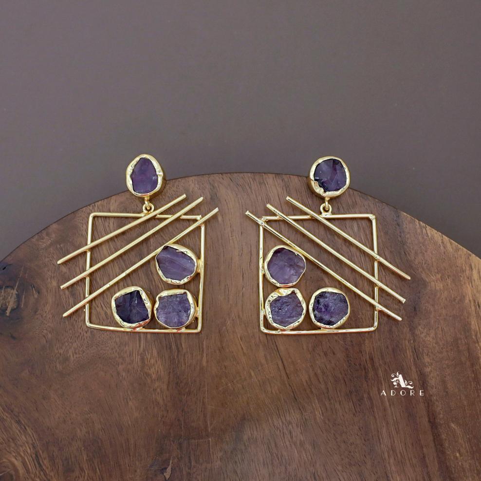 Golden Square Triple Line Raw Stone Earring - Image 4