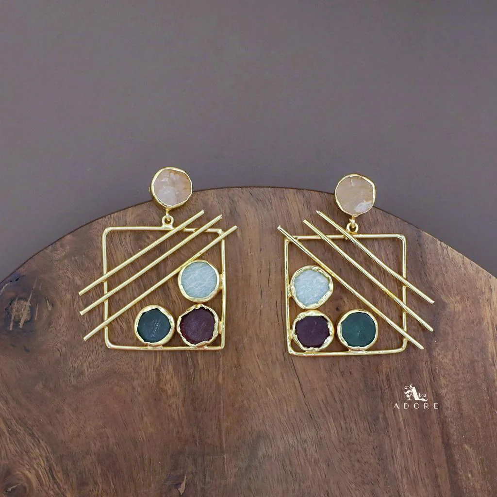 Golden Square Triple Line Raw Stone Earring - Image 5