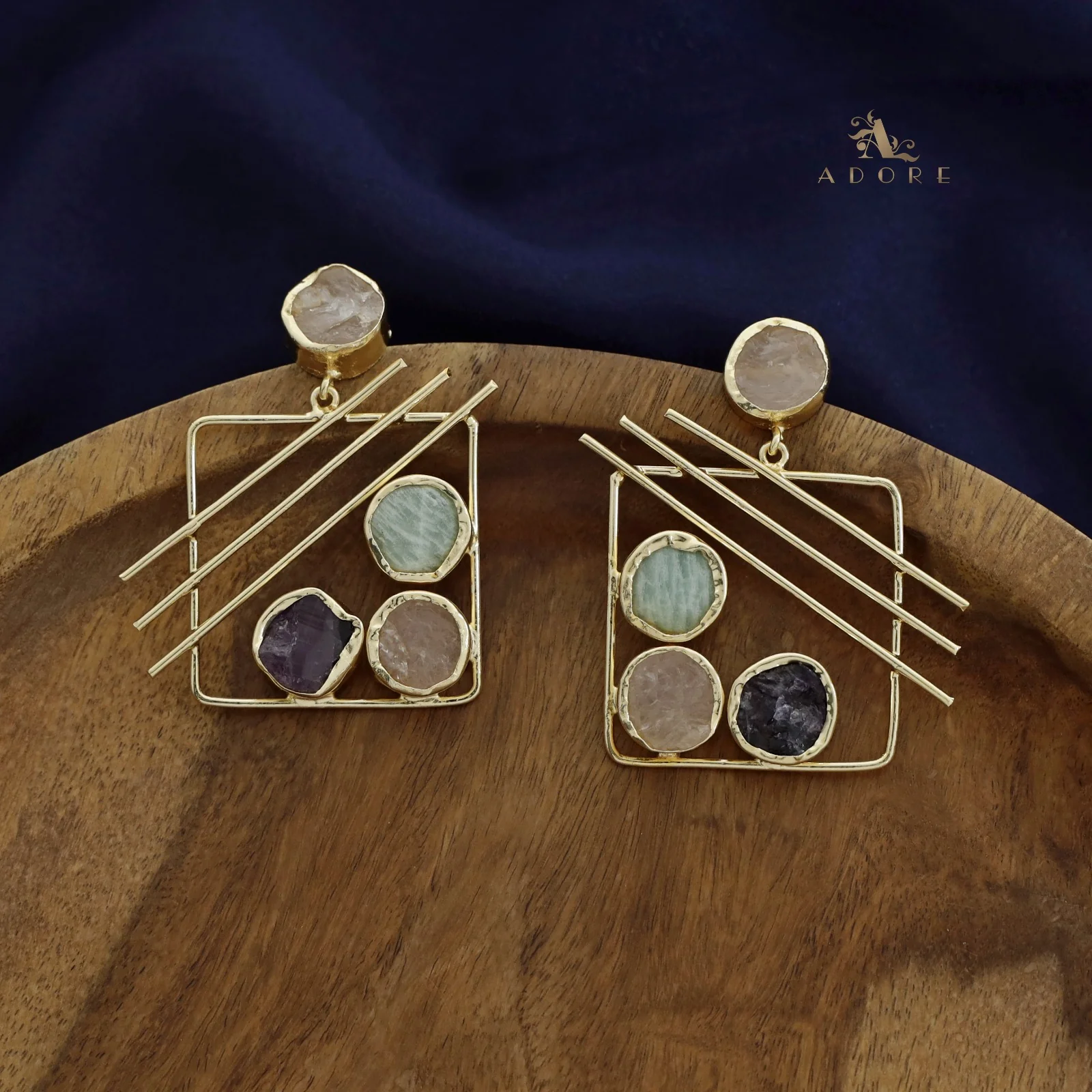 Golden Square Triple Line Raw Stone Earring - Image 6