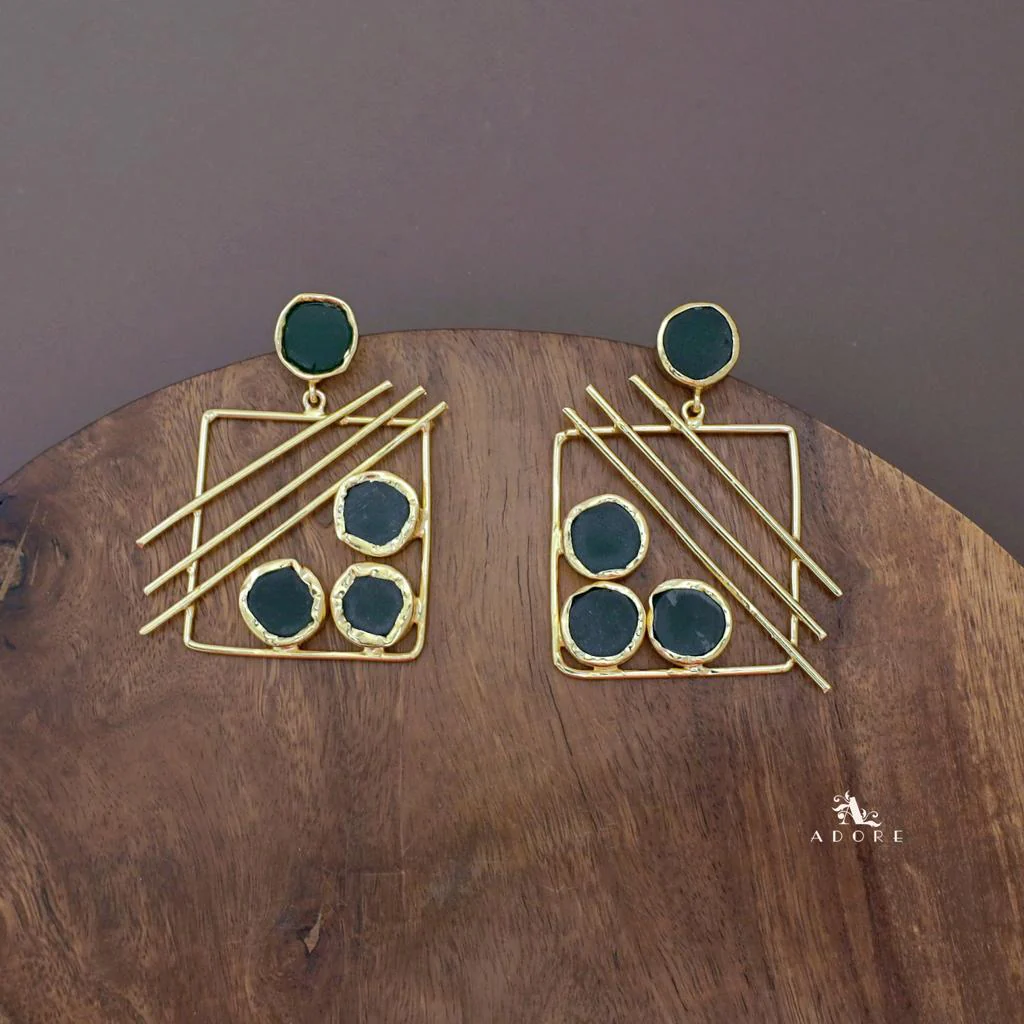 Golden Square Triple Line Raw Stone Earring - Image 7