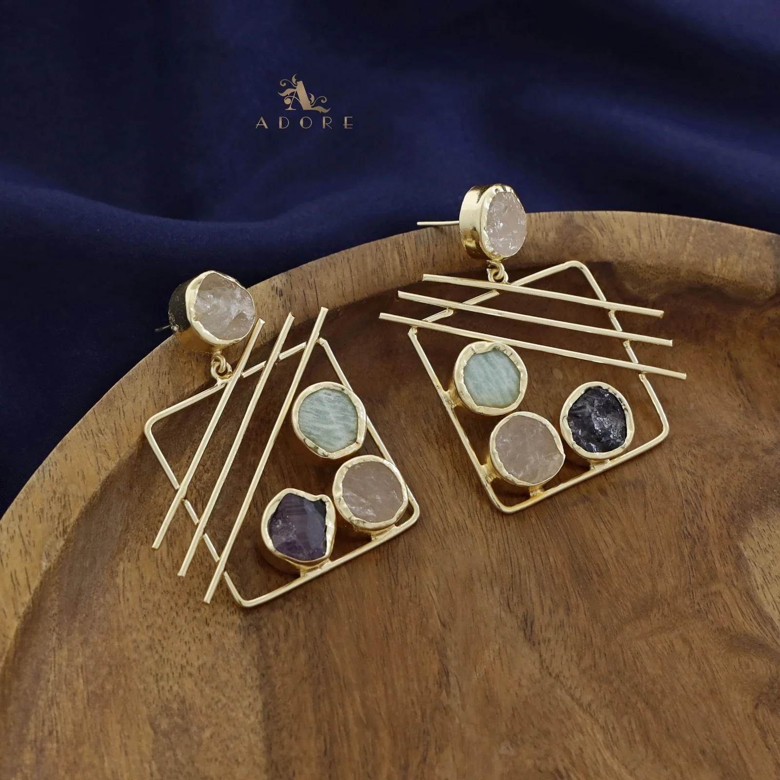 Golden Square Triple Line Raw Stone Earring - Image 8