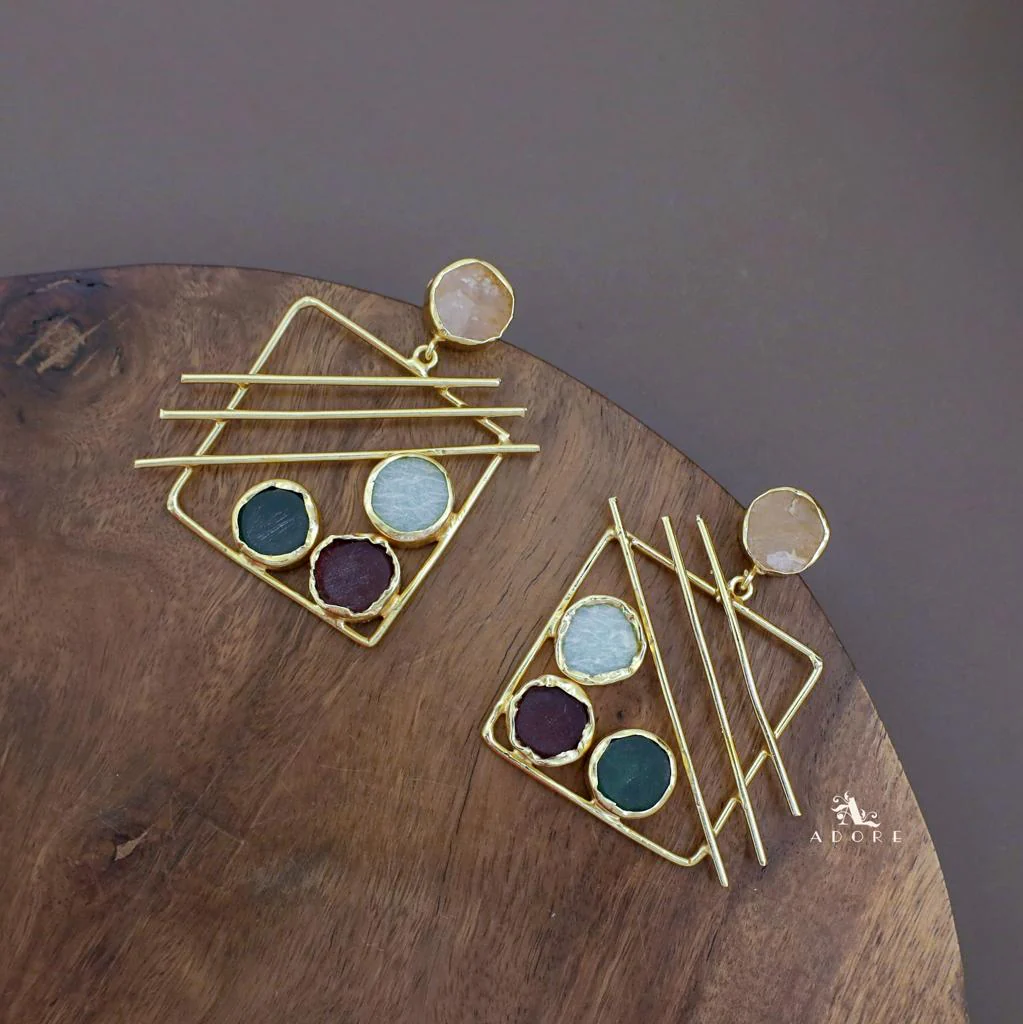 Golden Square Triple Line Raw Stone Earring - Image 9