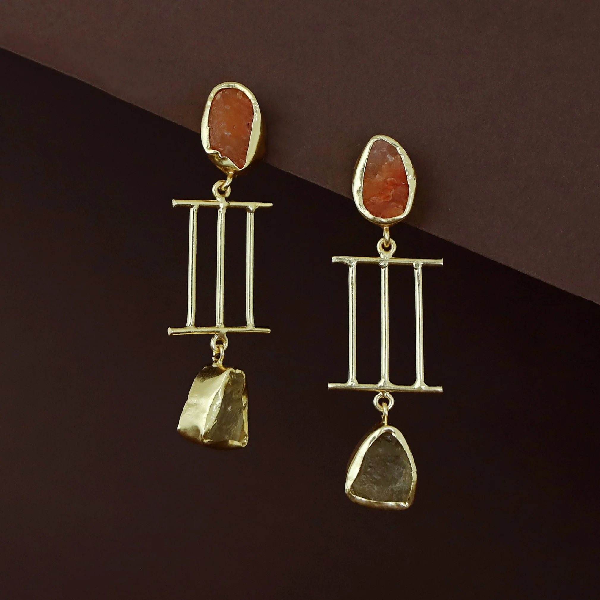 Golden Tri Stick Dual Raw Stone Earring - Image 2