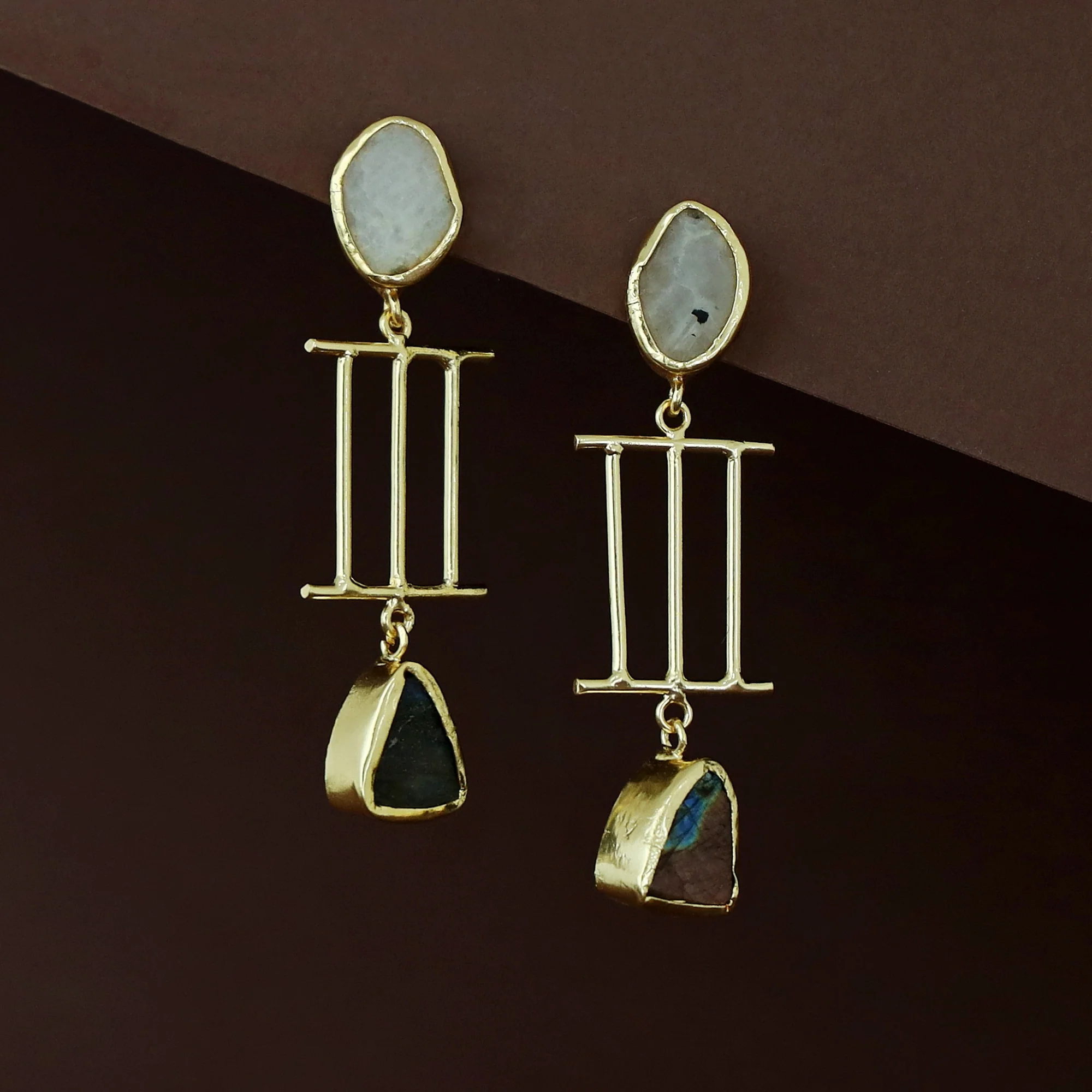 Golden Tri Stick Dual Raw Stone Earring - Image 3