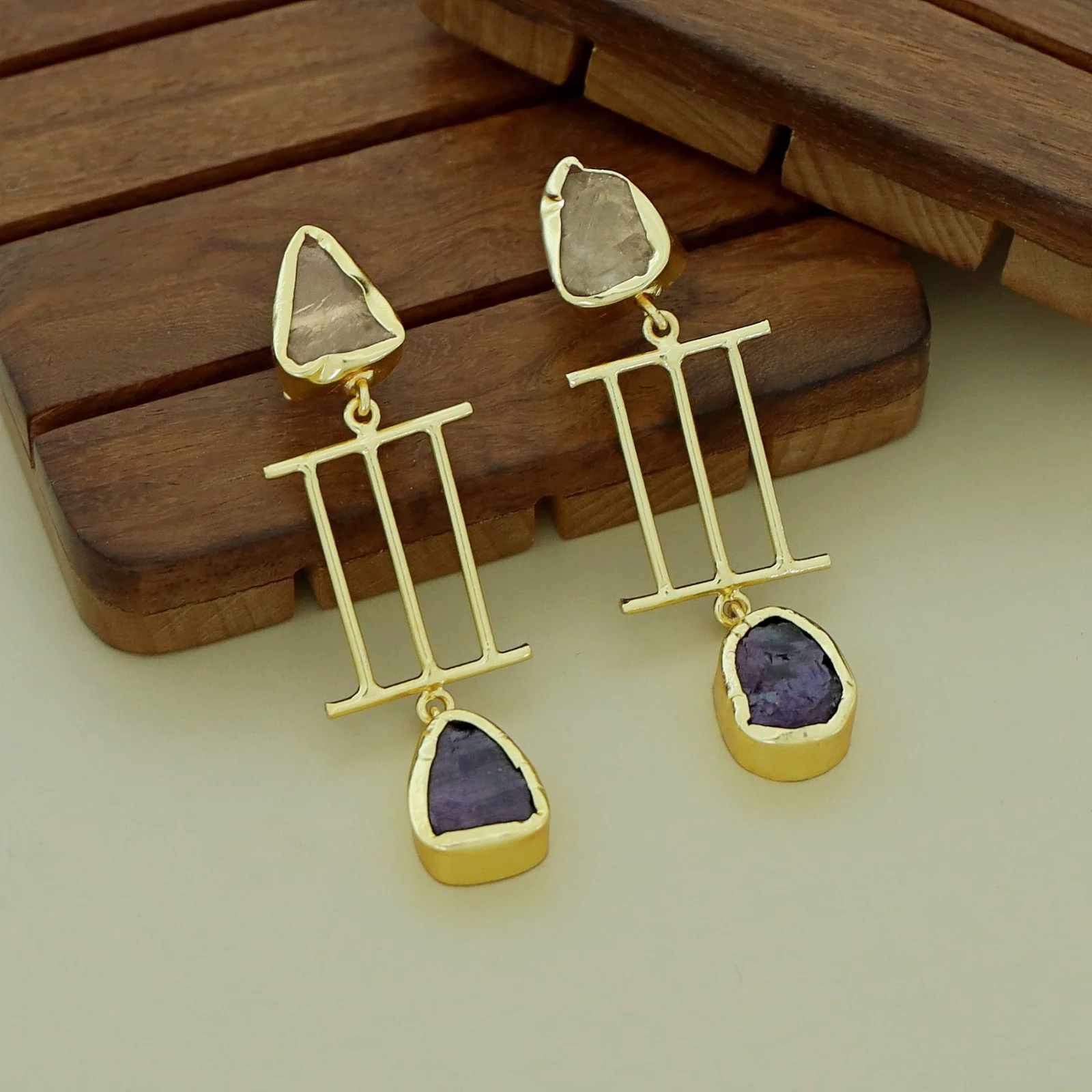 Golden Tri Stick Dual Raw Stone Earring - Image 4