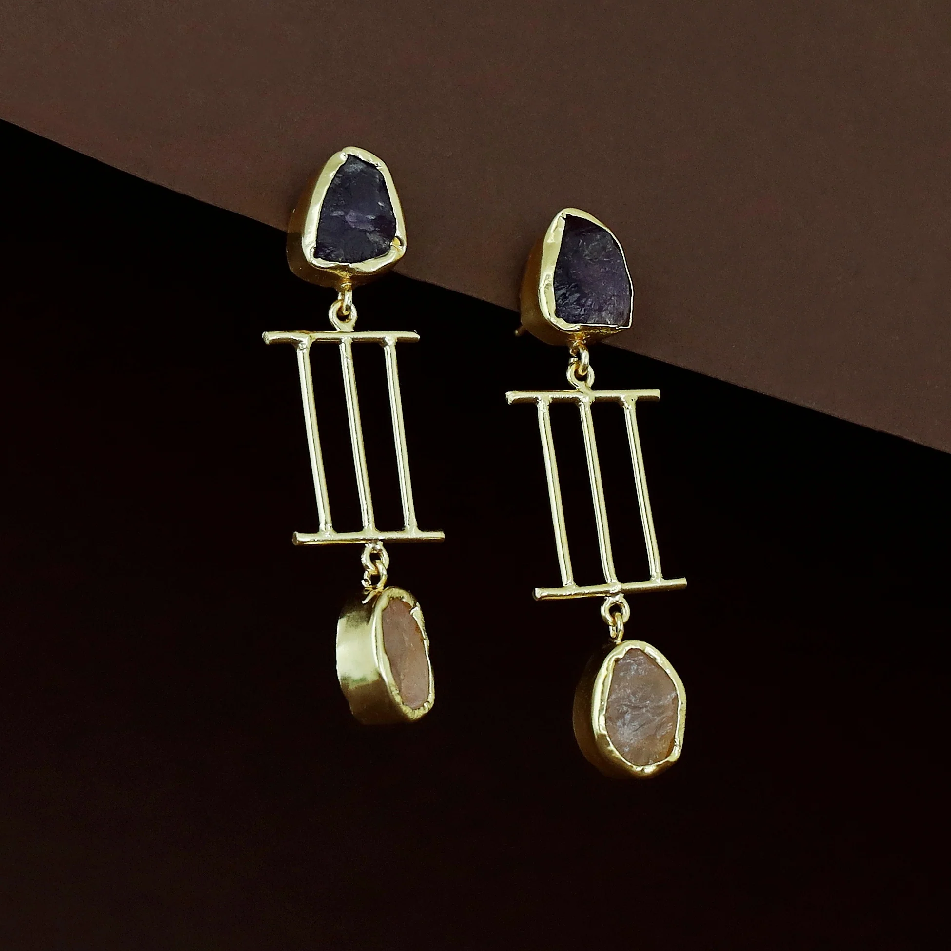 Golden Tri Stick Dual Raw Stone Earring - Image 5
