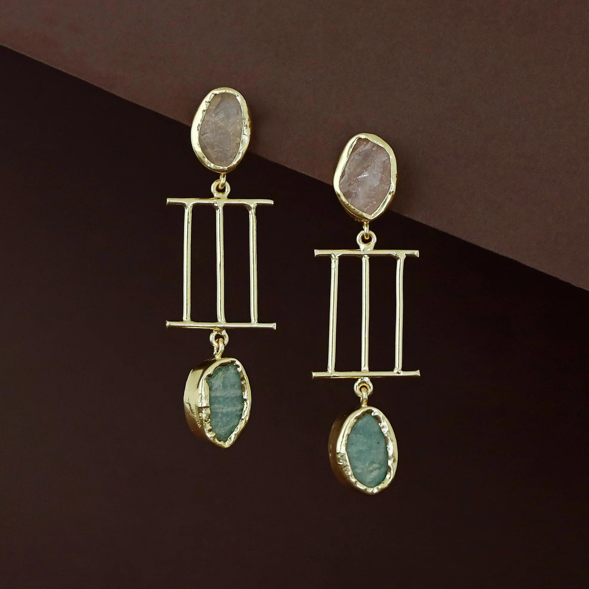Golden Tri Stick Dual Raw Stone Earring - Image 6