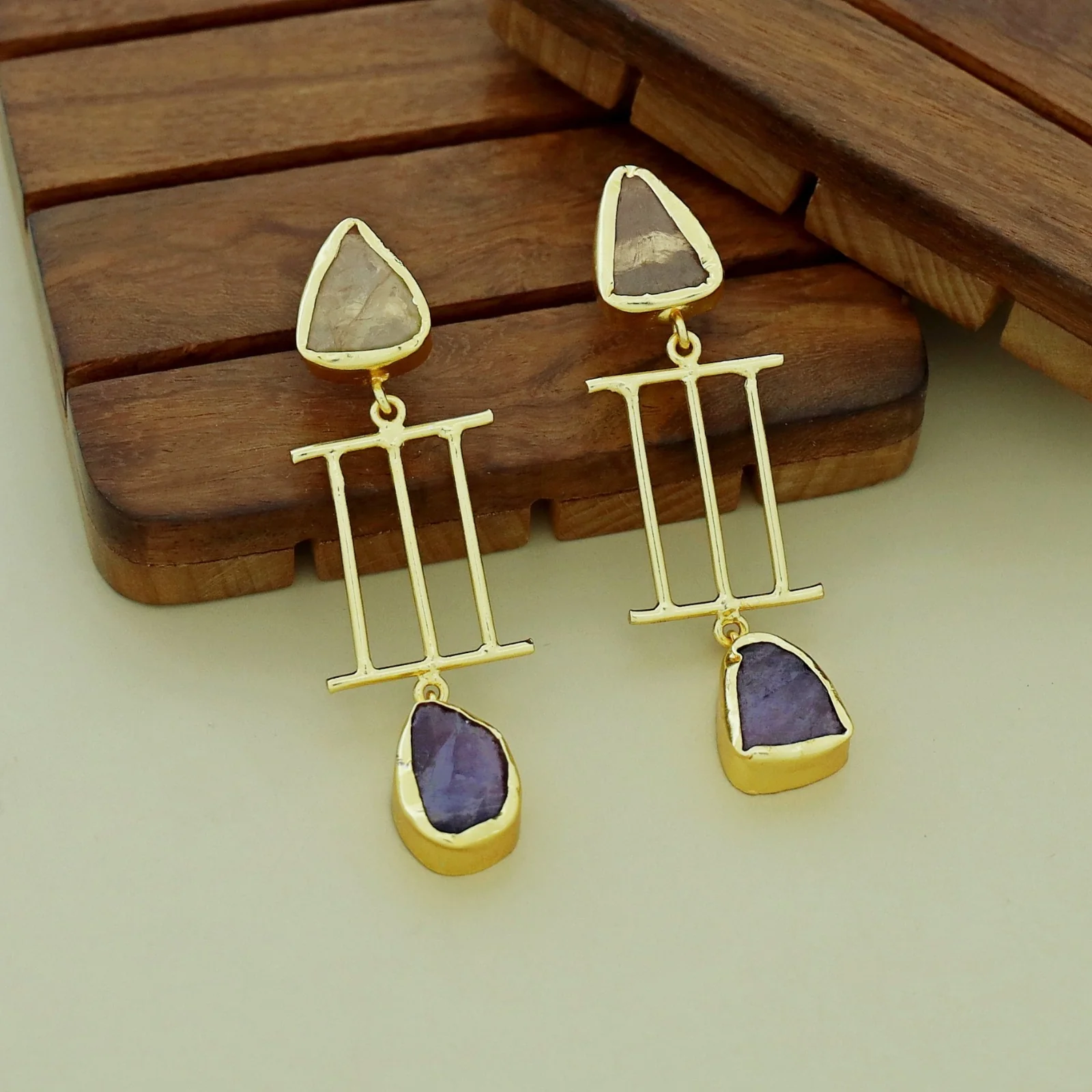 Golden Tri Stick Dual Raw Stone Earring - Image 7