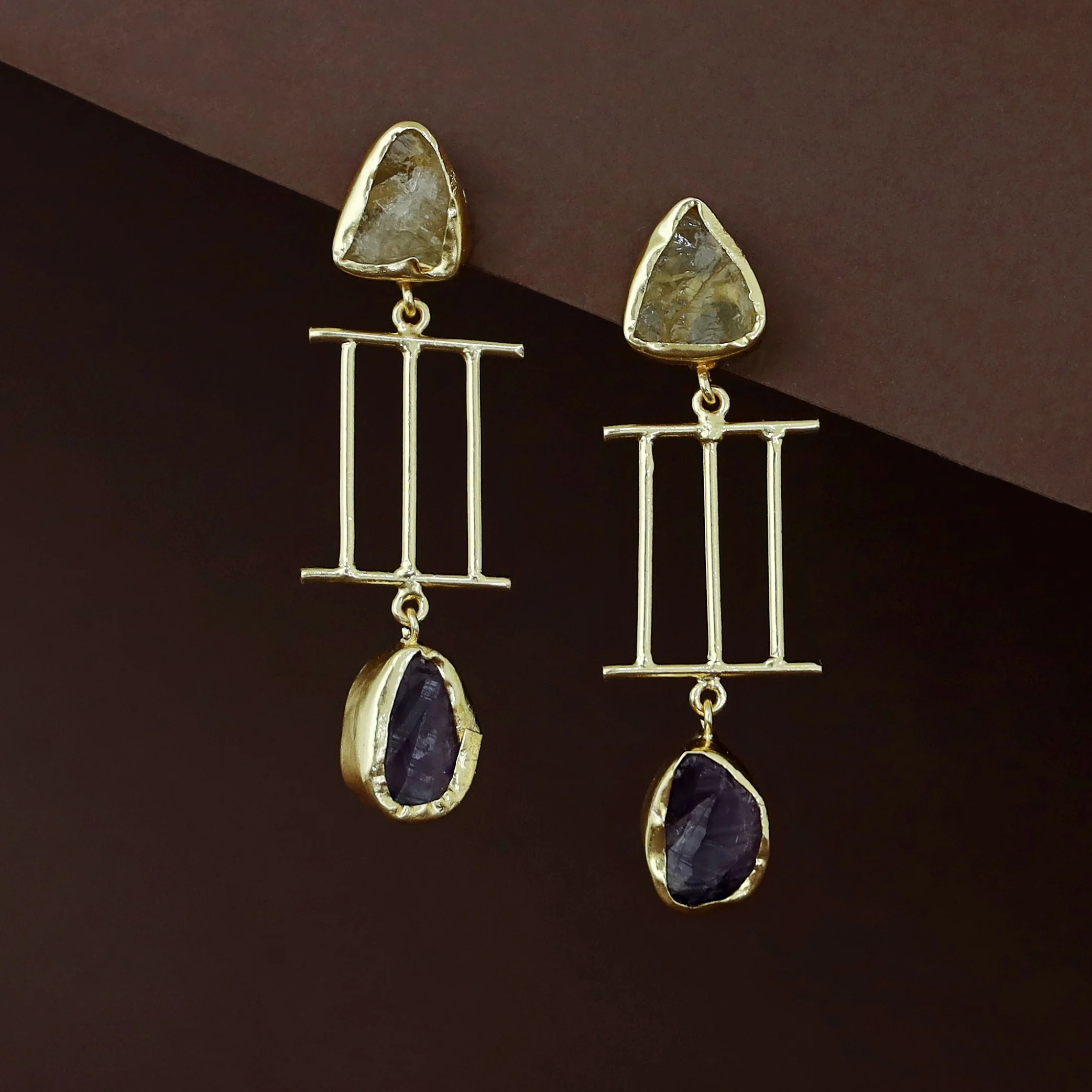 Golden Tri Stick Dual Raw Stone Earring - Image 8