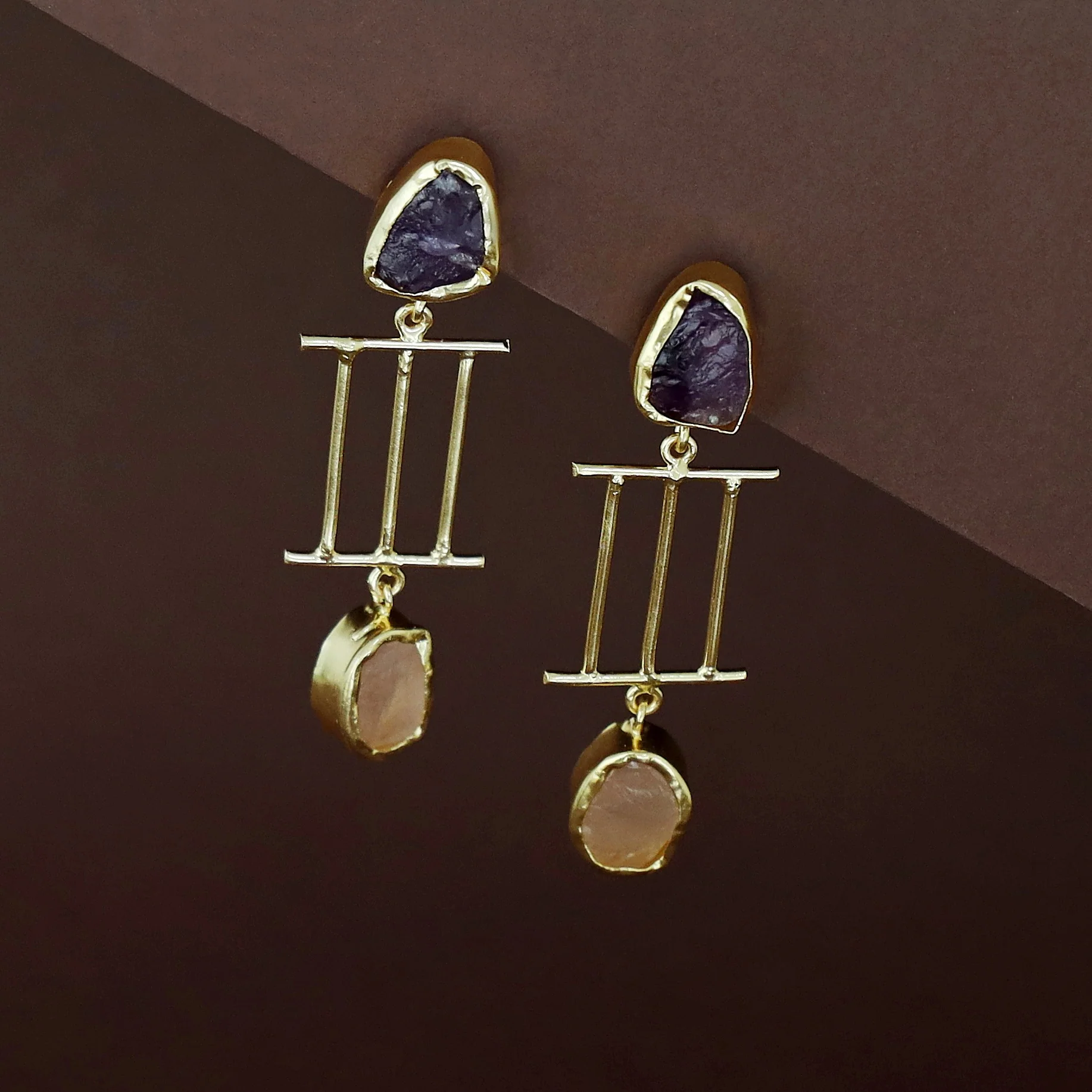 Golden Tri Stick Dual Raw Stone Earring - Image 9