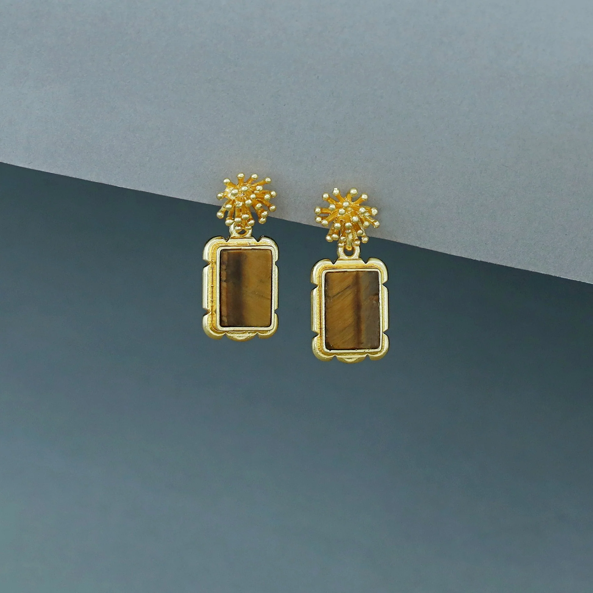 Golden Sunburst Flower Rectangle Raw Stone Earring - Image 2