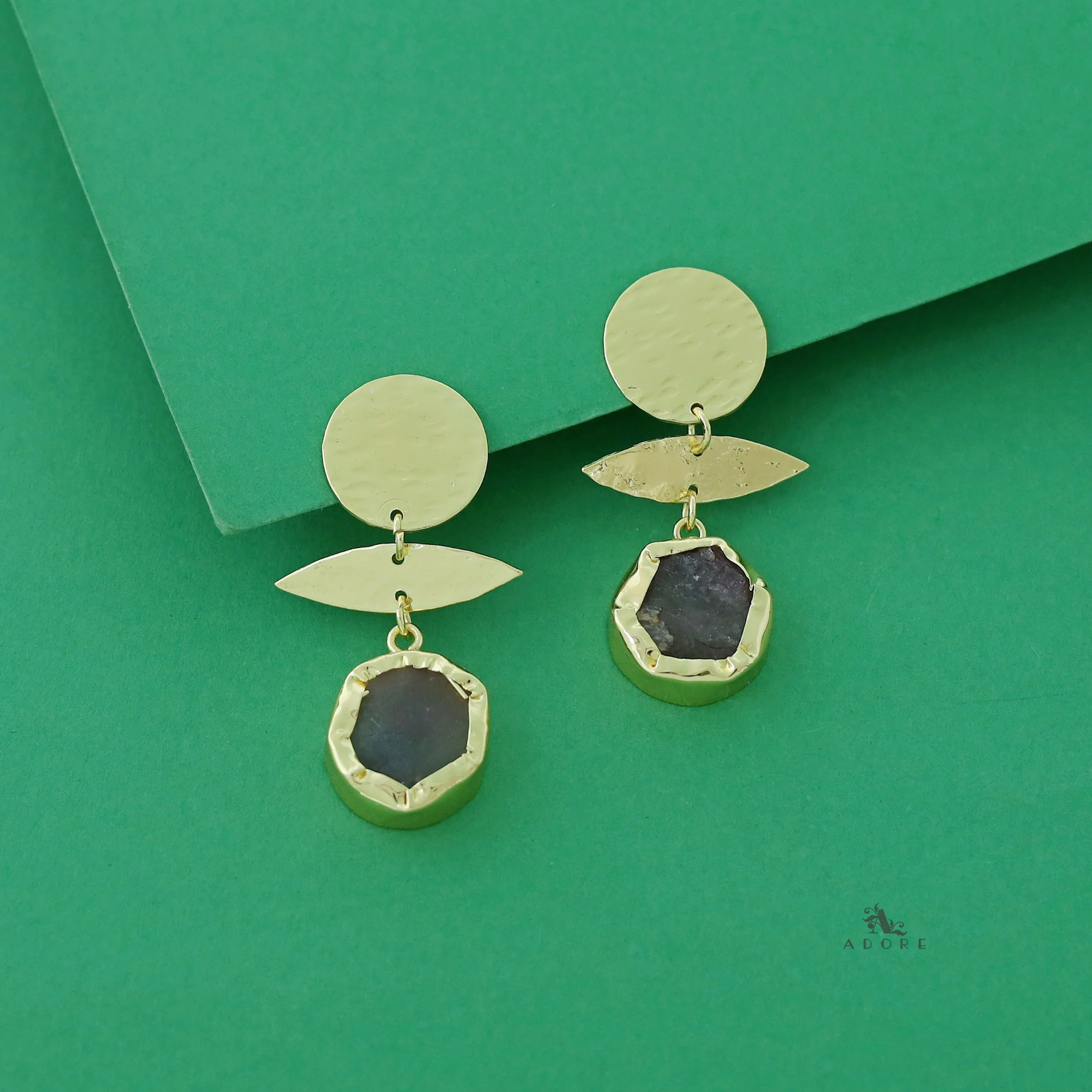 Golden Textured Circle Raw Stone Earring - Image 3
