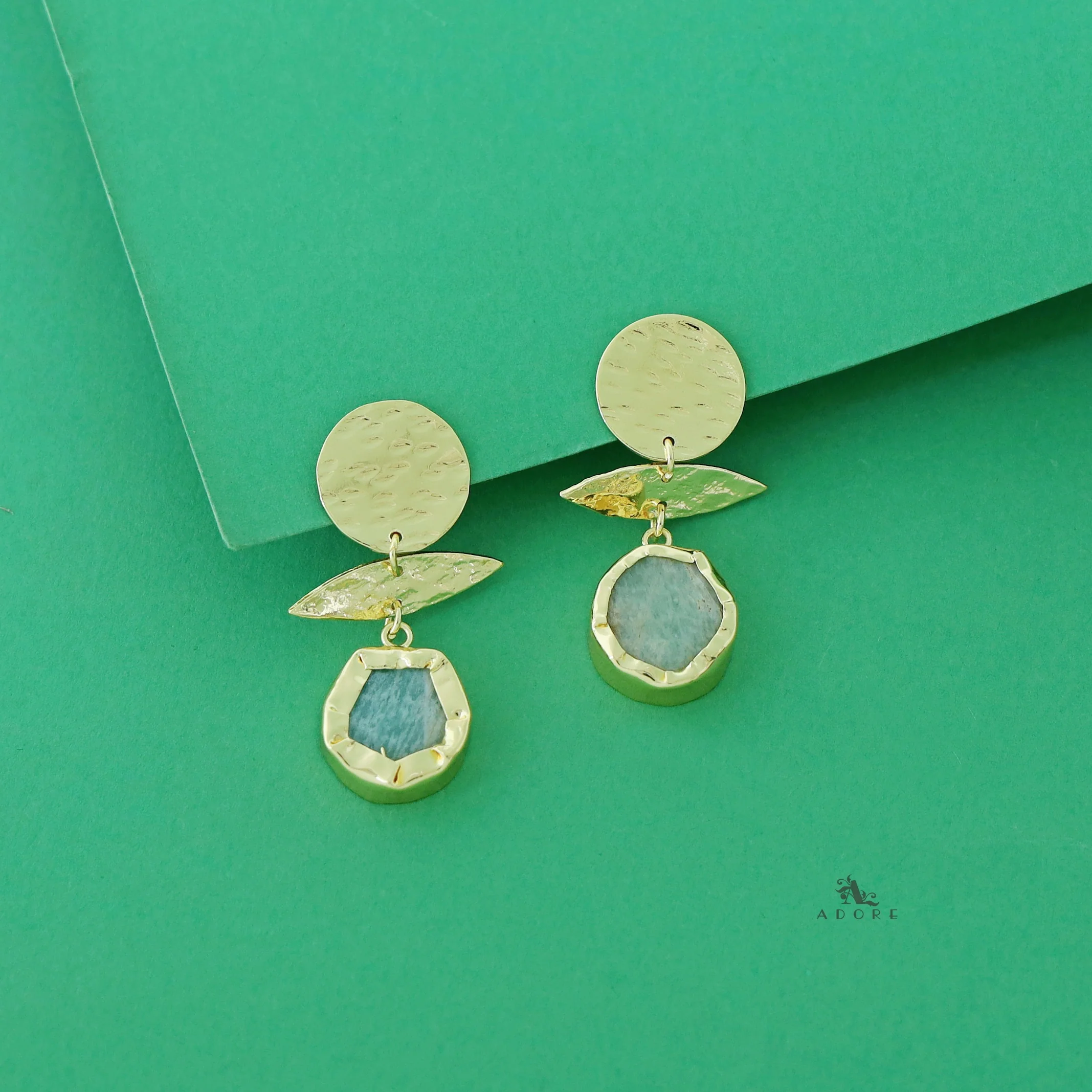 Golden Textured Circle Raw Stone Earring - Image 5