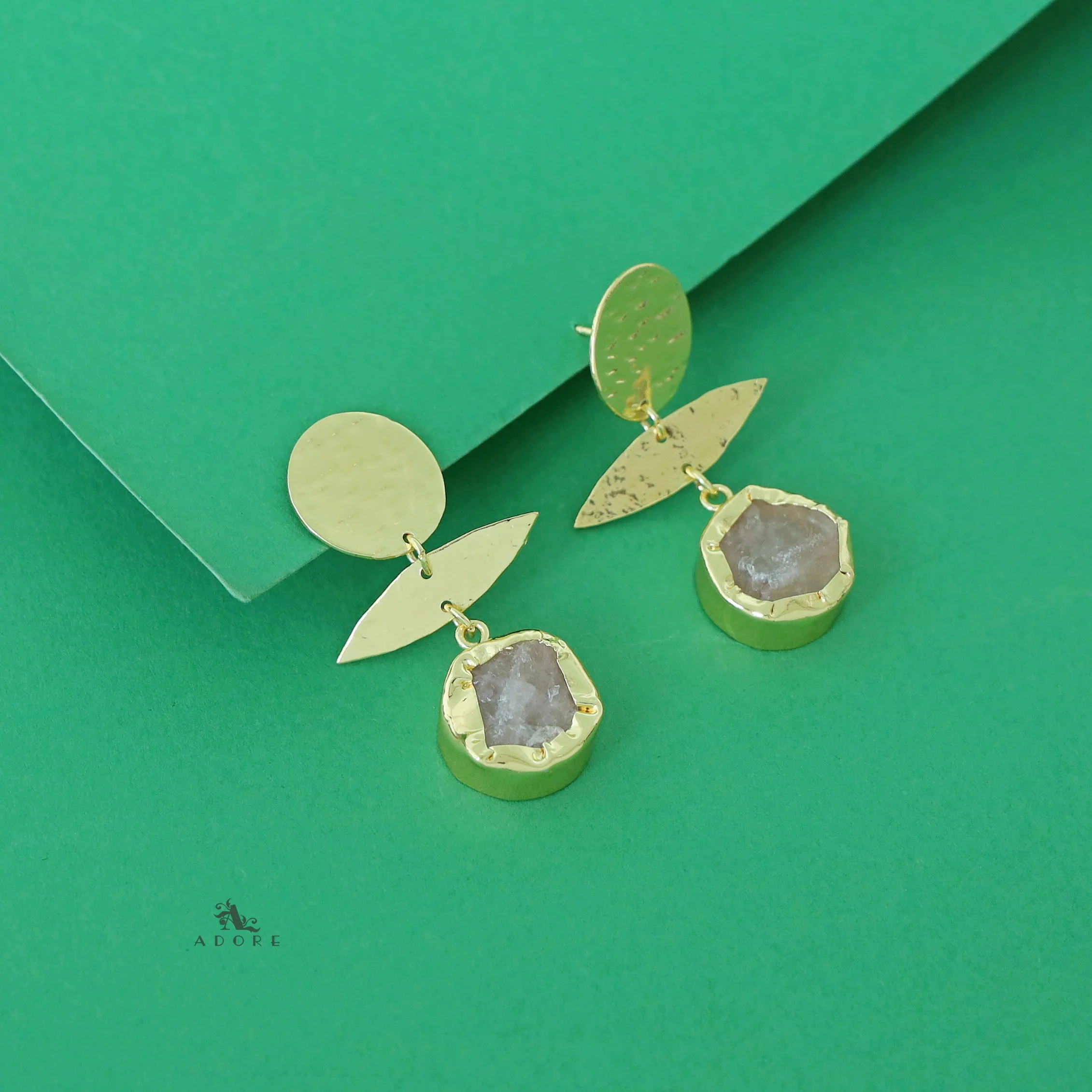Golden Textured Circle Raw Stone Earring - Image 6