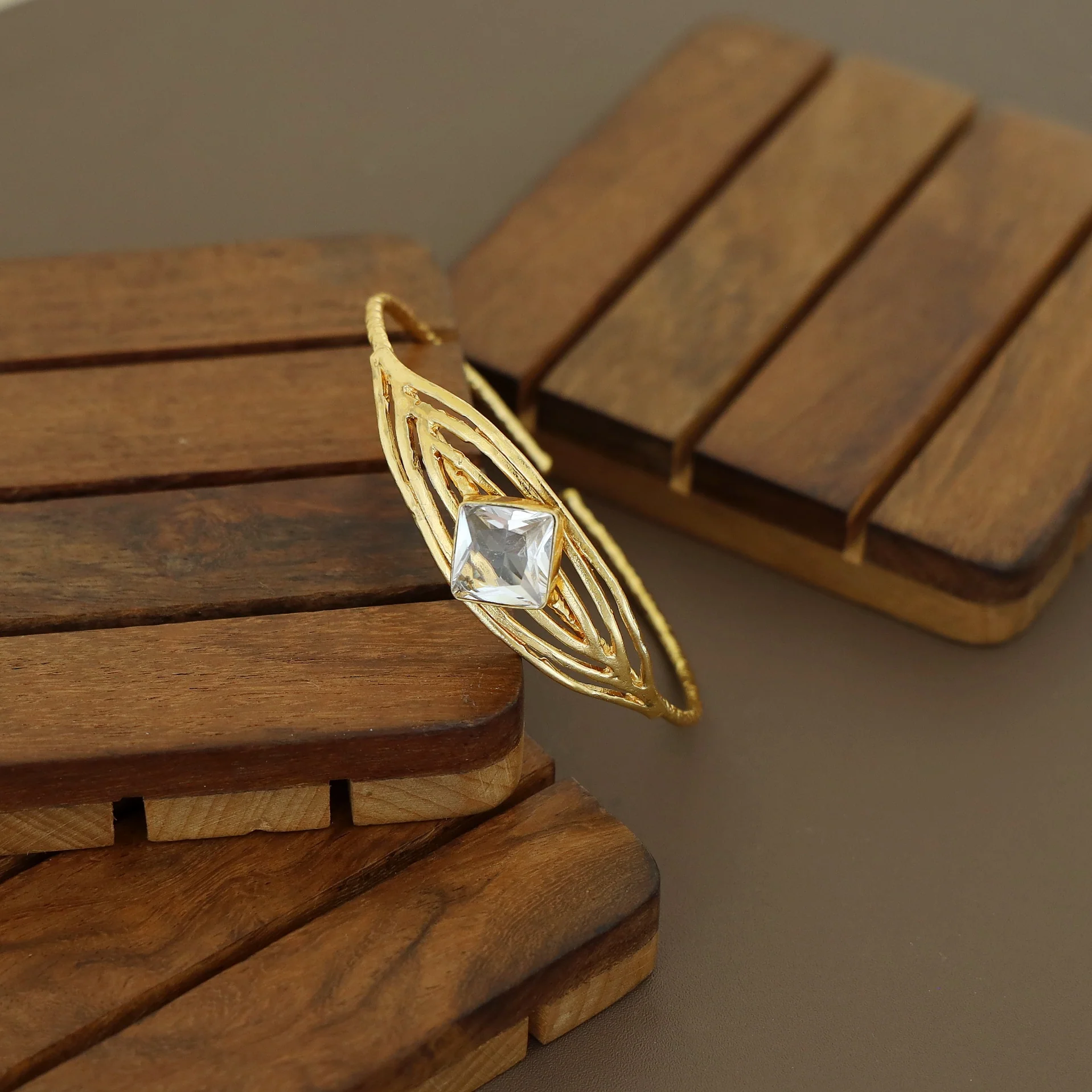 Golden Textured Diamond Glossy Stone Bangle - Image 7