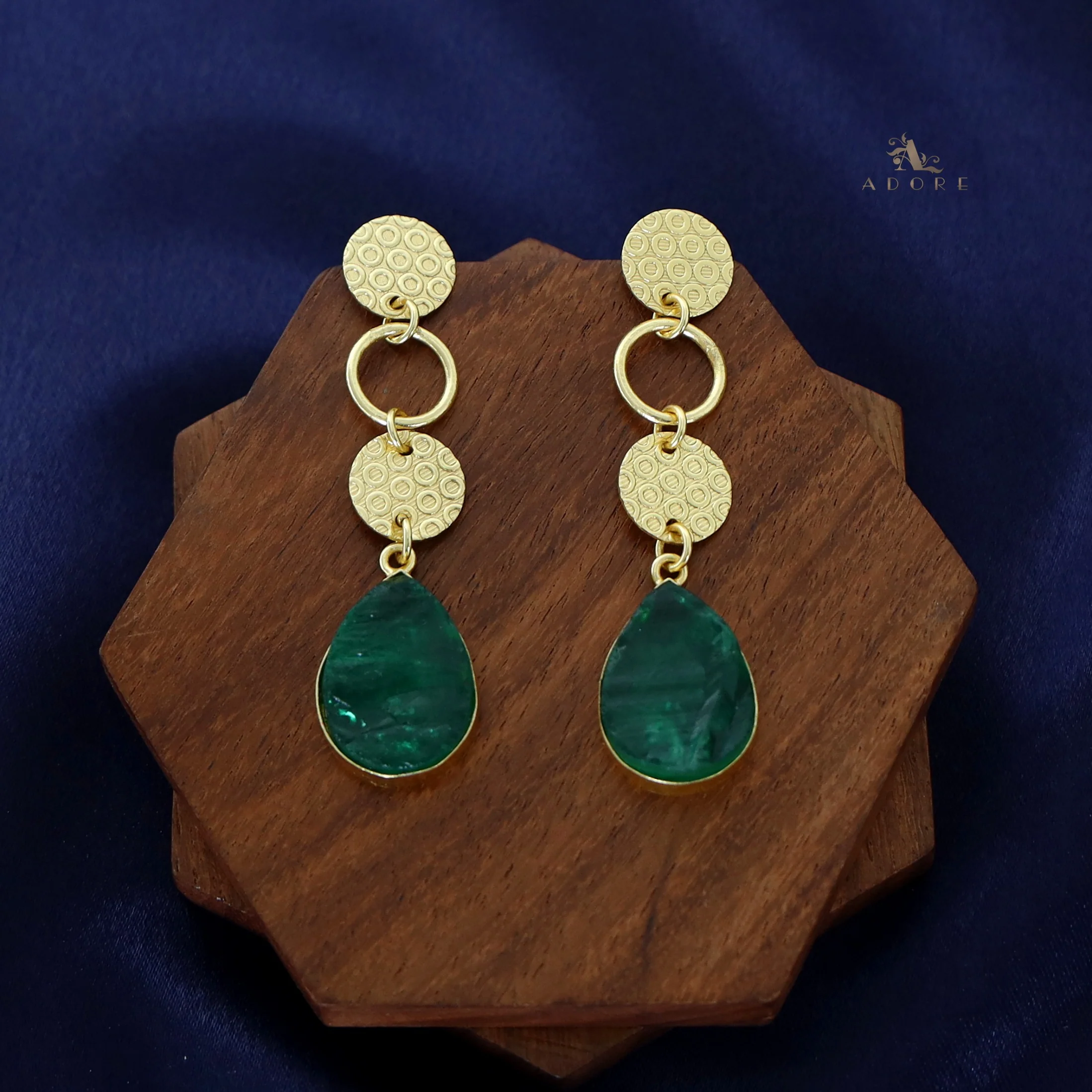 Golden Tri Circle Drop Dyed Stone Earring - Image 2