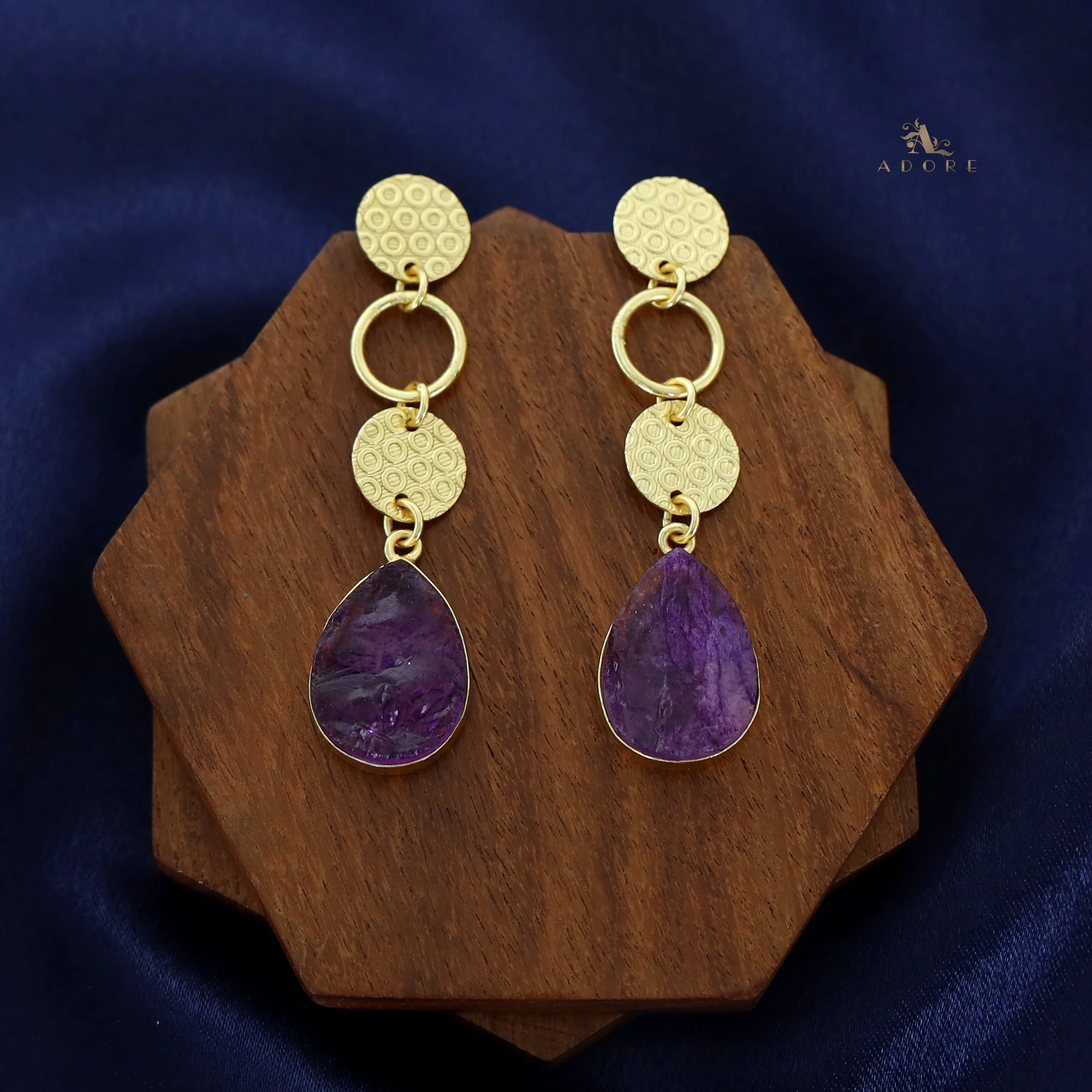 Golden Tri Circle Drop Dyed Stone Earring - Image 3