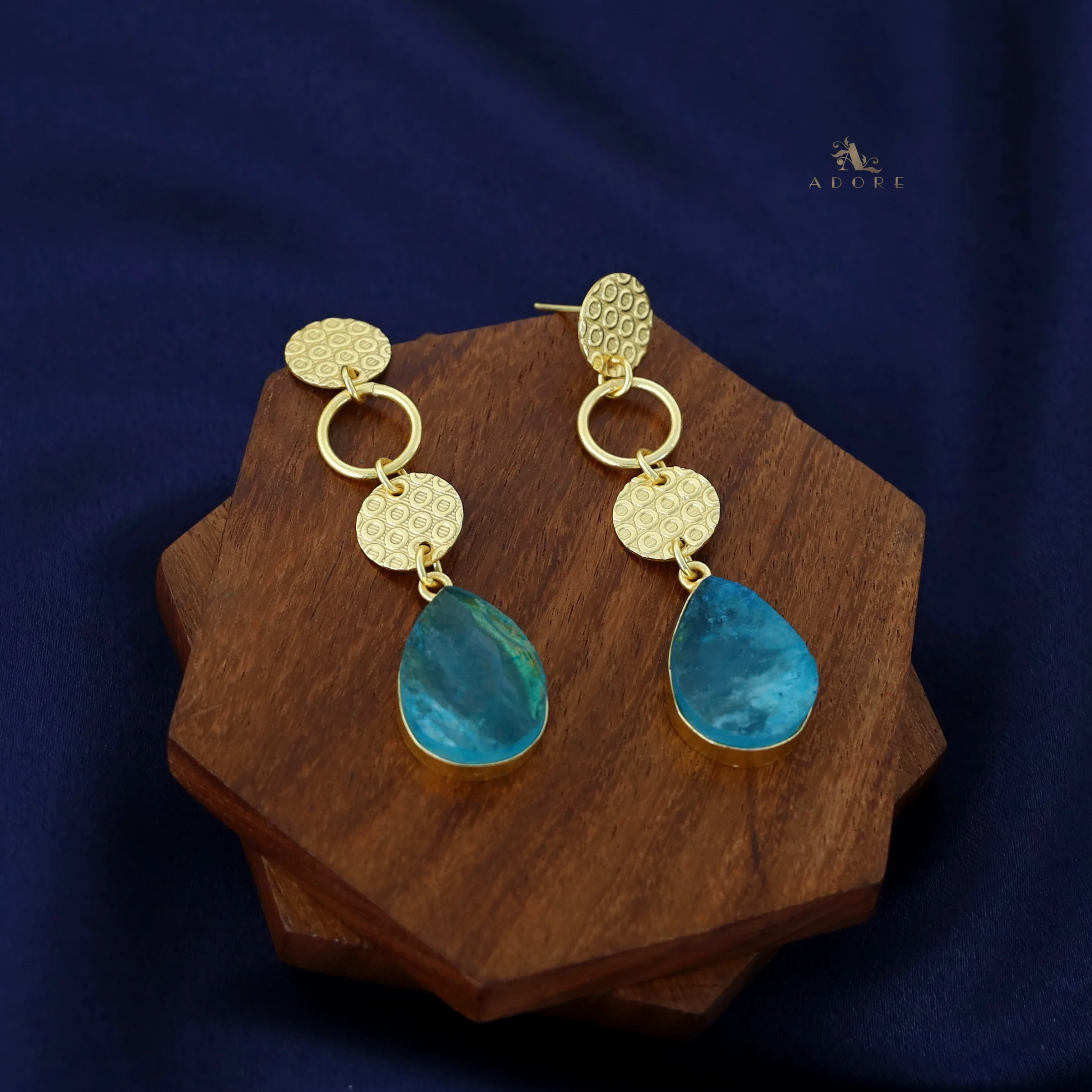 Golden Tri Circle Drop Dyed Stone Earring - Image 7