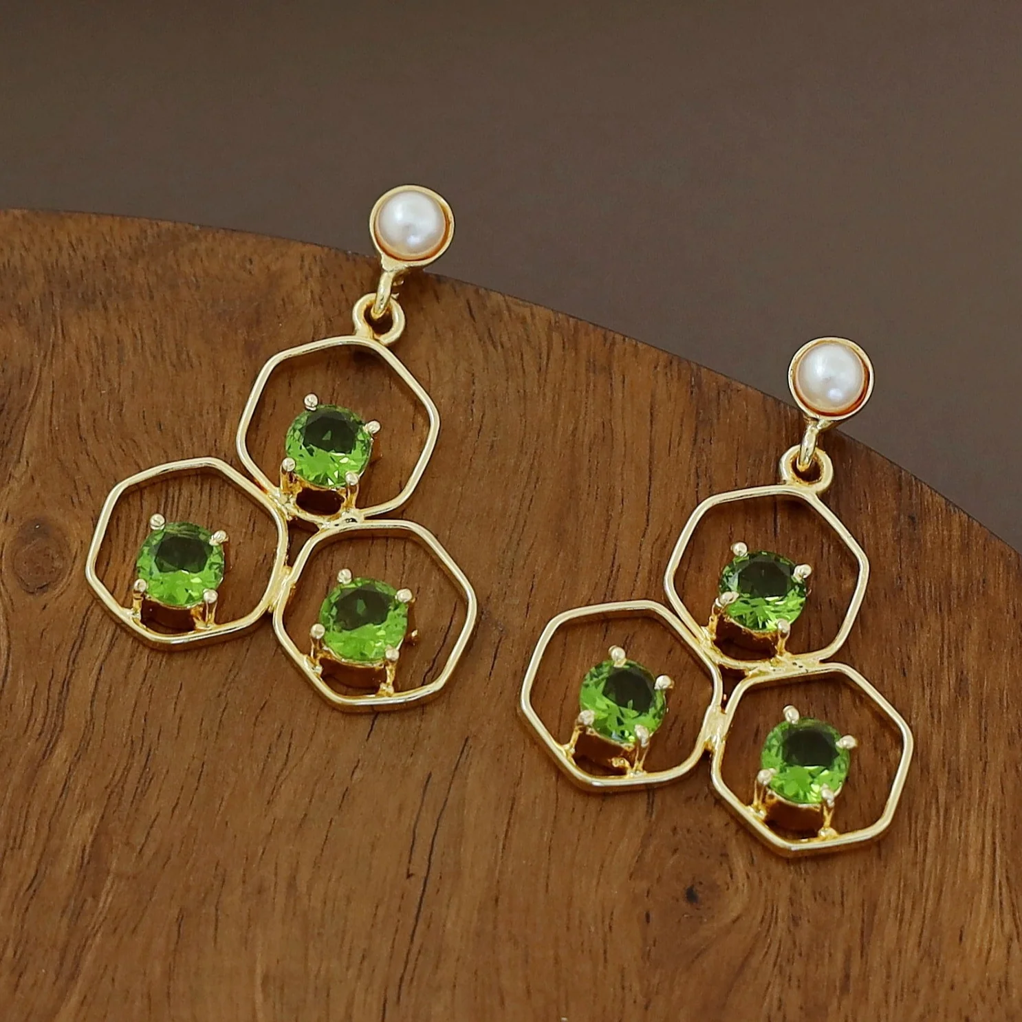Golden Tri Hexagon Glossy Pearl Earring - Image 10