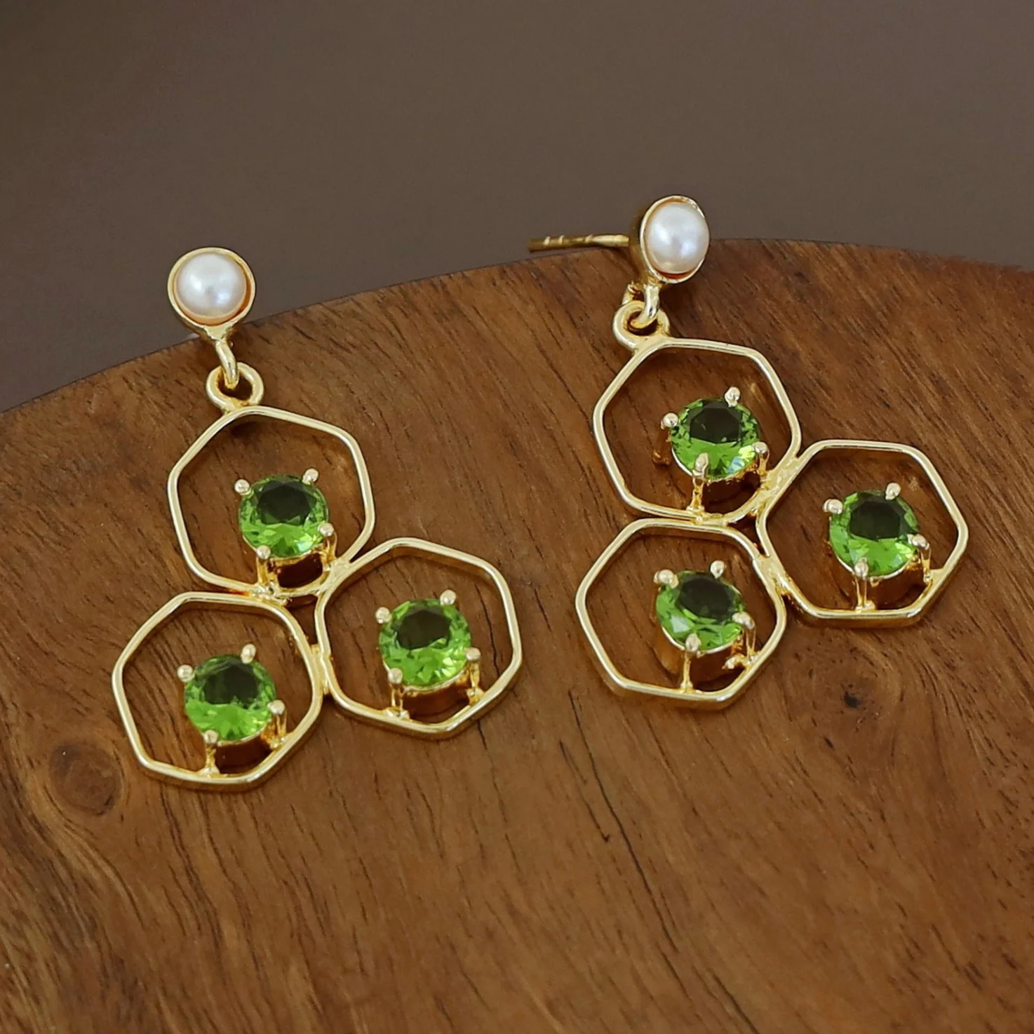 Golden Tri Hexagon Glossy Pearl Earring - Image 11