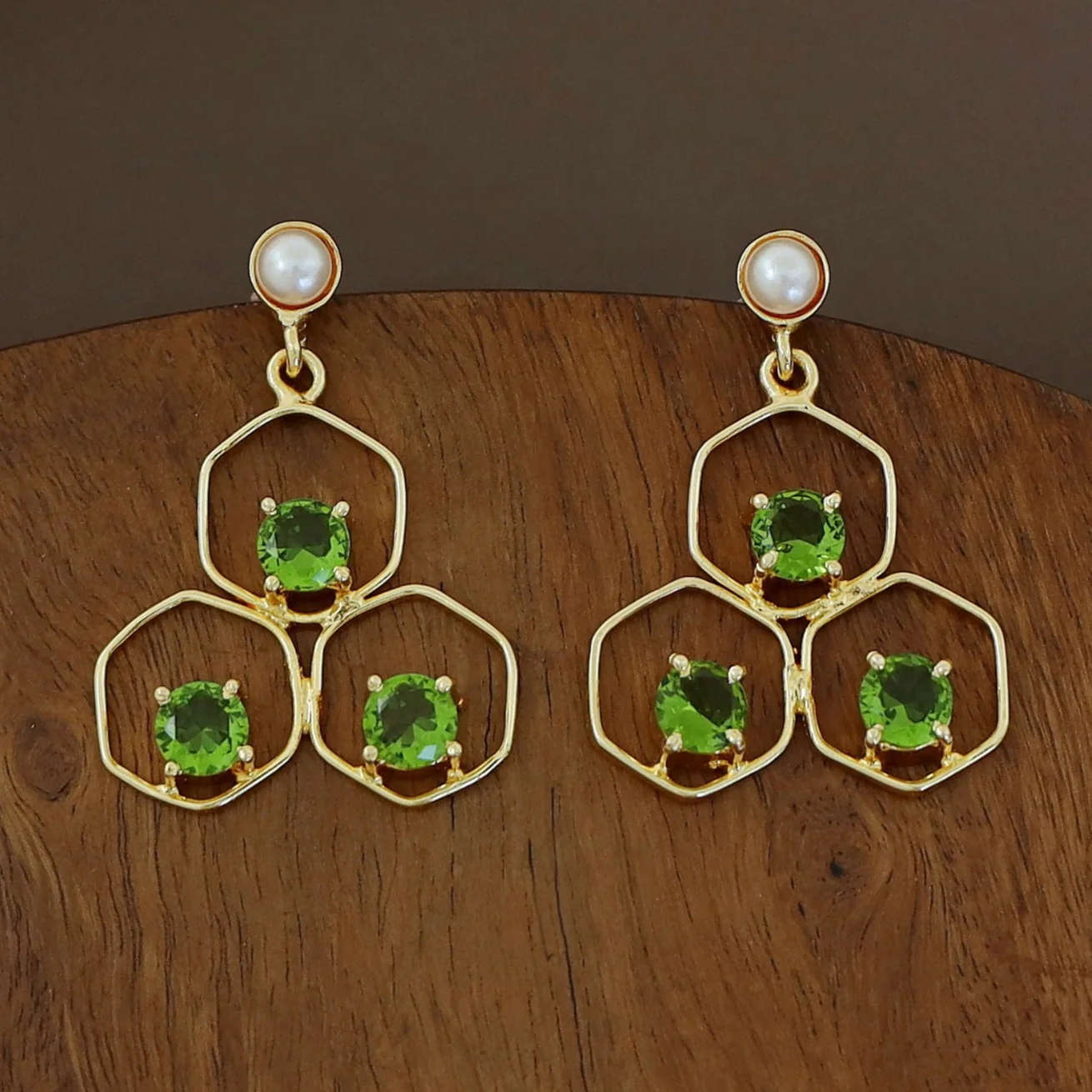 Golden Tri Hexagon Glossy Pearl Earring - Image 12