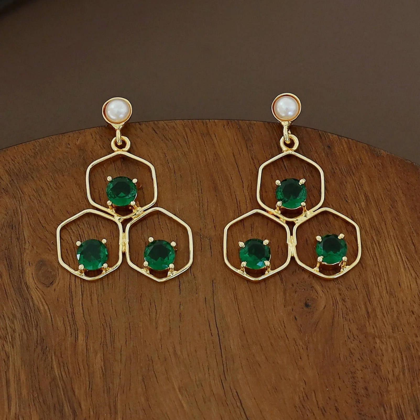 Golden Tri Hexagon Glossy Pearl Earring - Image 2