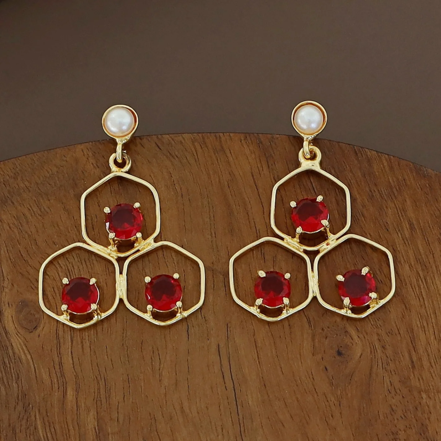 Golden Tri Hexagon Glossy Pearl Earring - Image 3