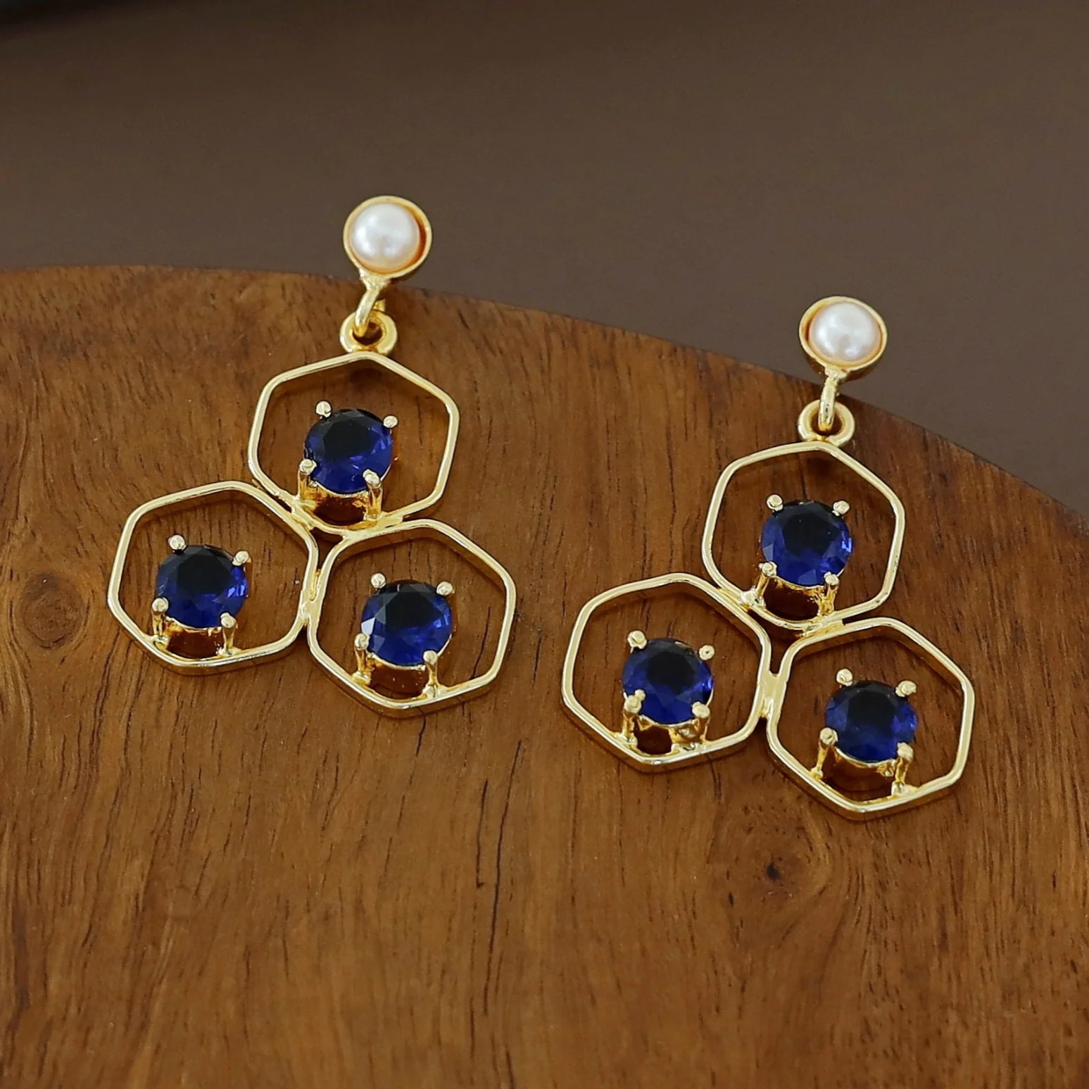 Golden Tri Hexagon Glossy Pearl Earring - Image 4