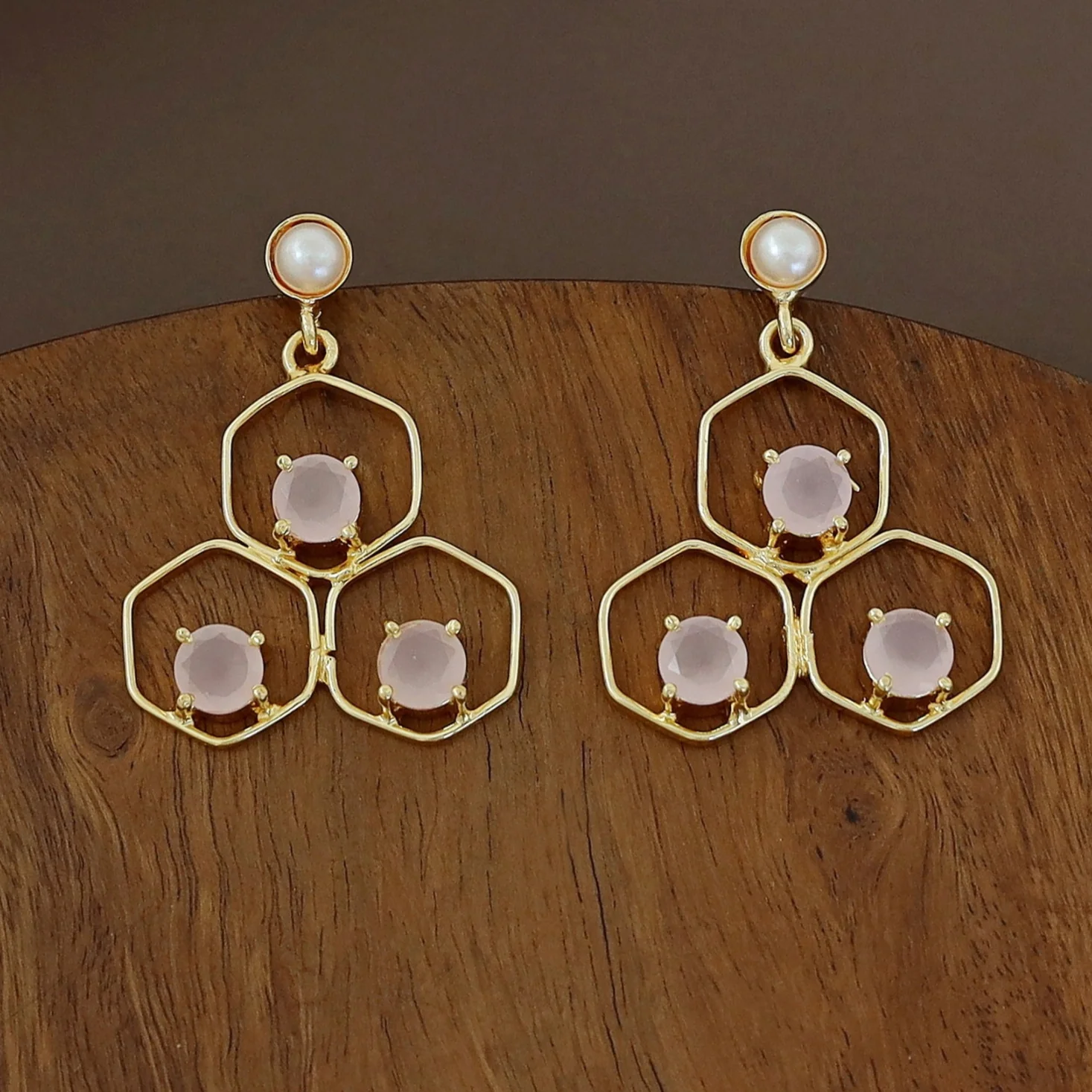 Golden Tri Hexagon Glossy Pearl Earring - Image 5