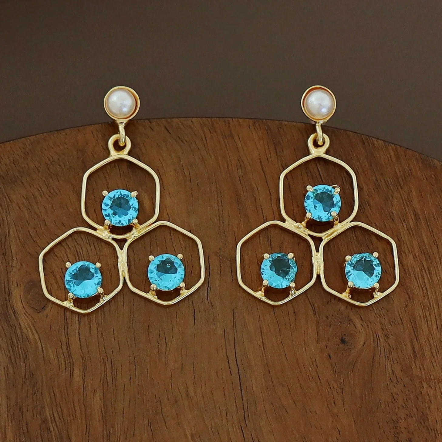 Golden Tri Hexagon Glossy Pearl Earring - Image 6