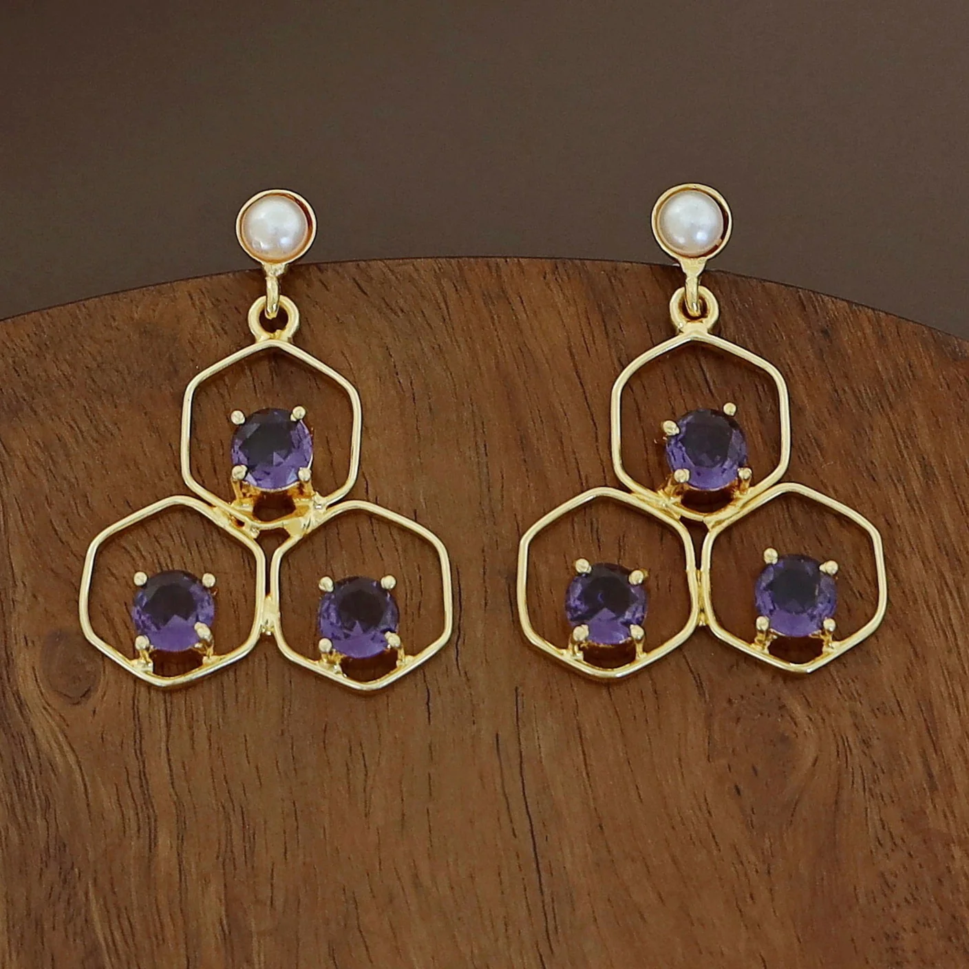 Golden Tri Hexagon Glossy Pearl Earring - Image 7