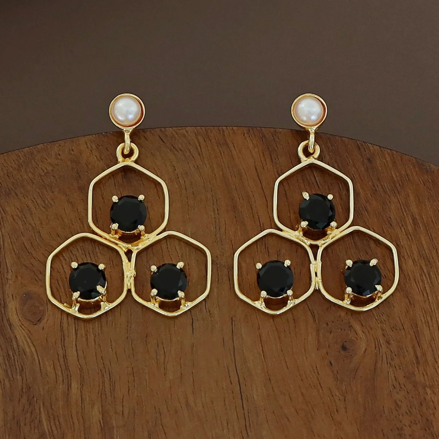 Golden Tri Hexagon Glossy Pearl Earring - Image 8