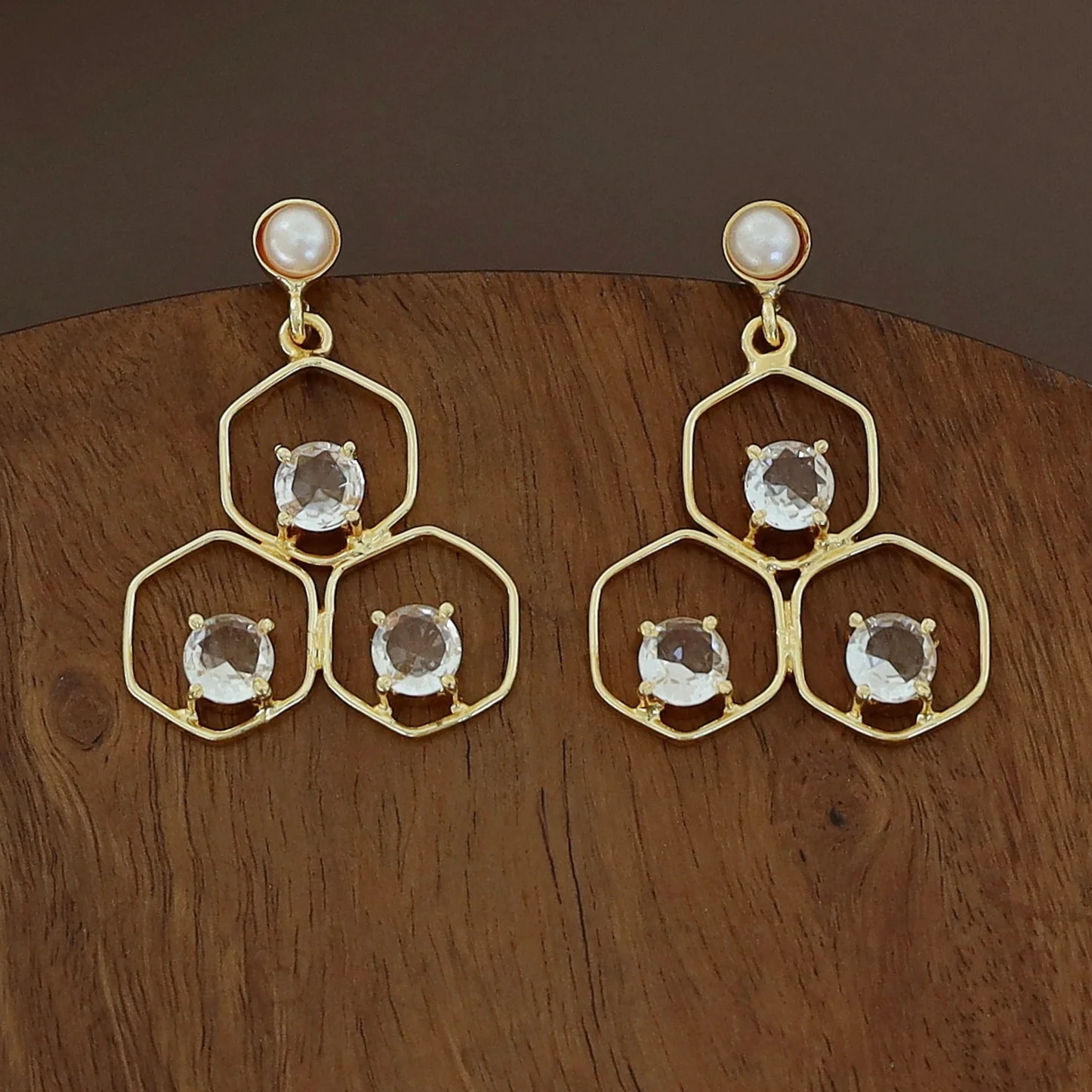 Golden Tri Hexagon Glossy Pearl Earring - Image 9