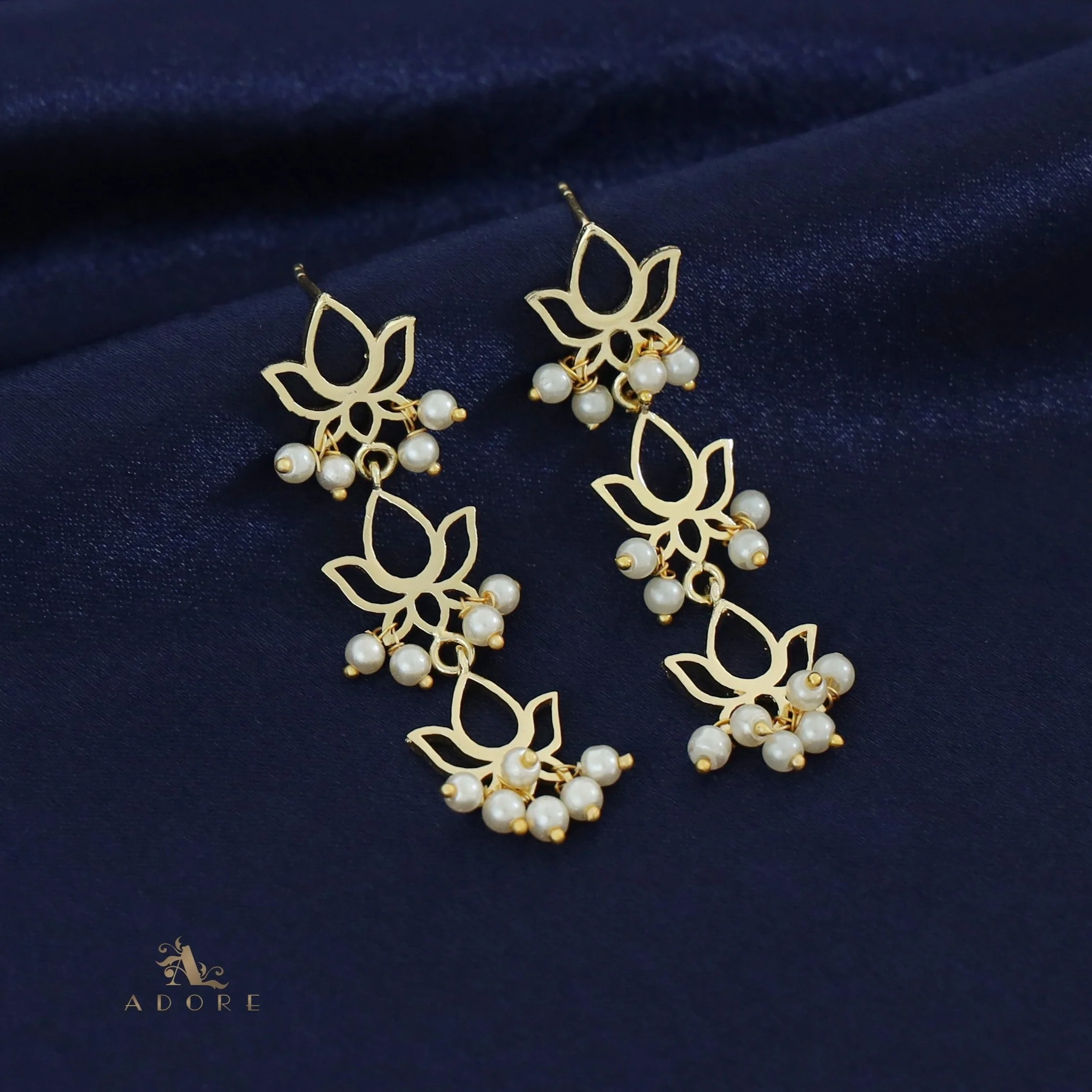 Golden Tri Lotus Pearl Cluster Earring - Image 3