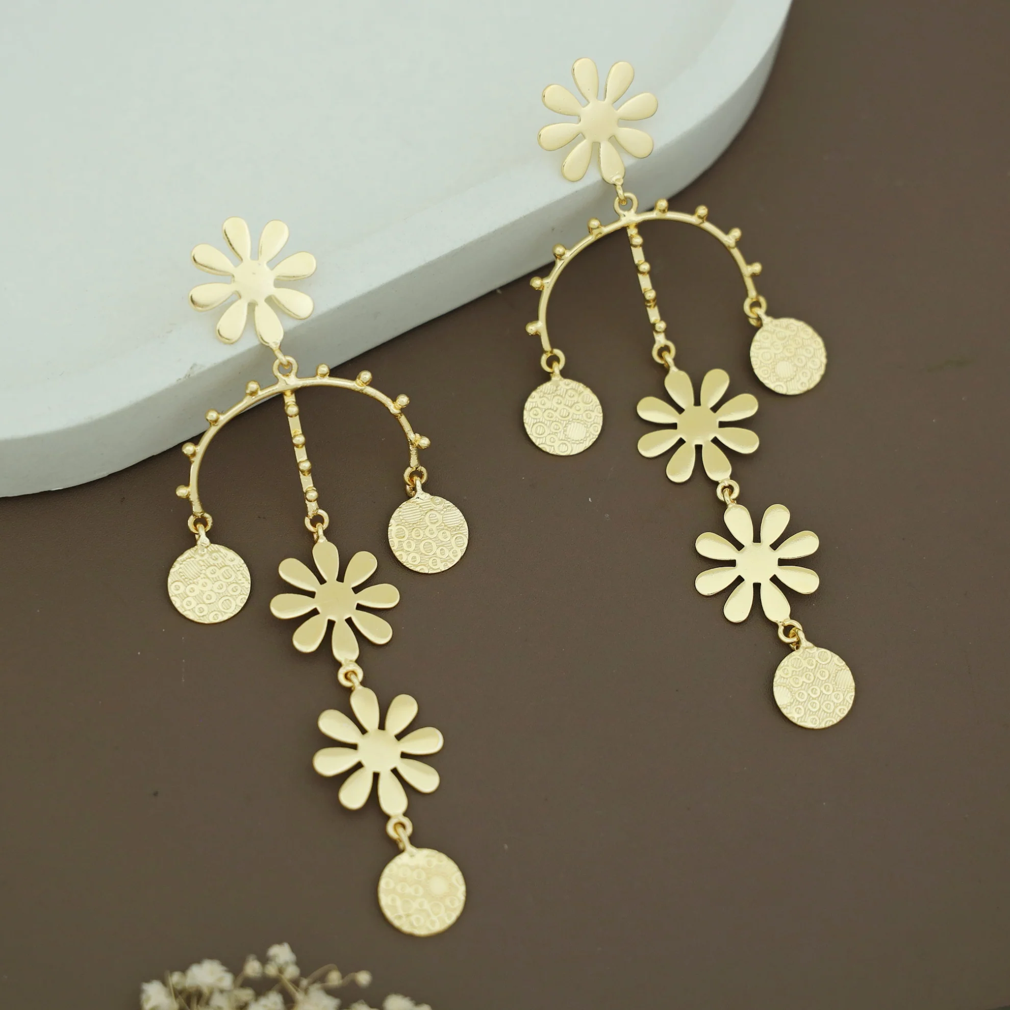Golden Tri Midhila Flower Long Earring - Image 2