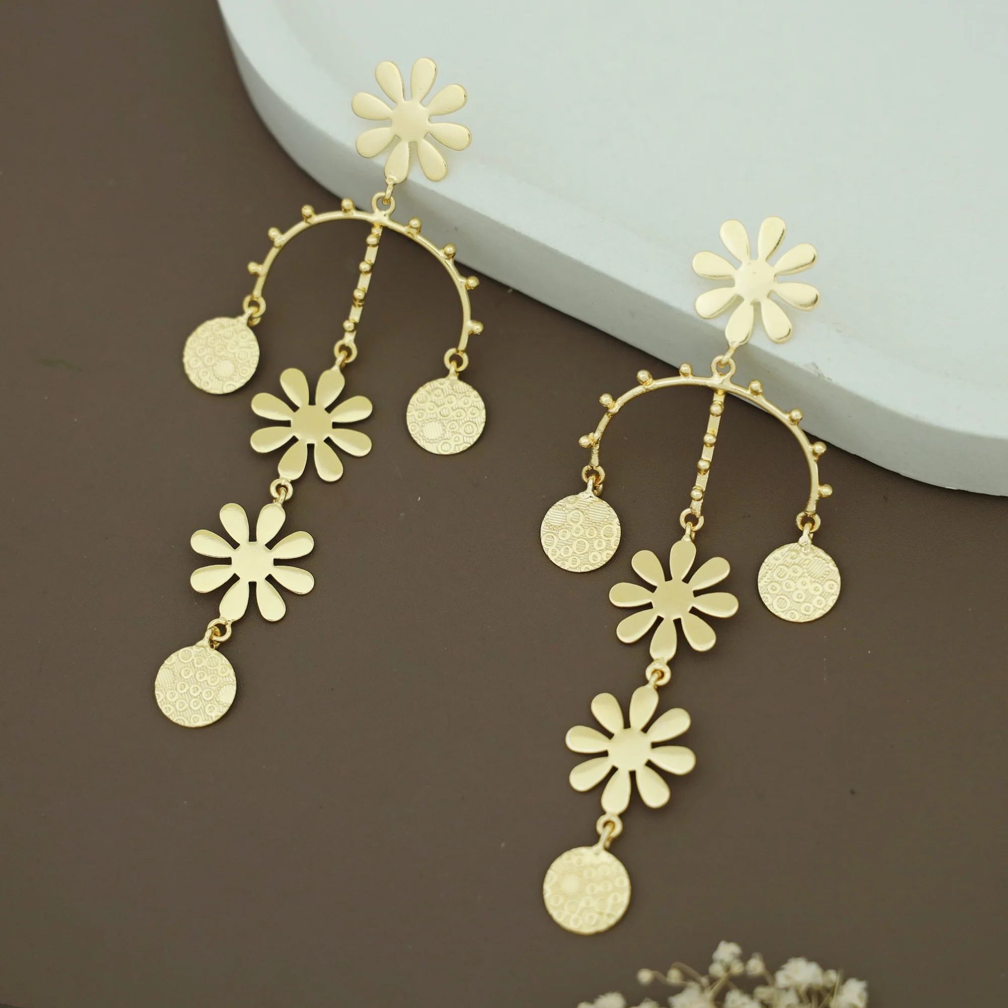 Golden Tri Midhila Flower Long Earring - Image 3