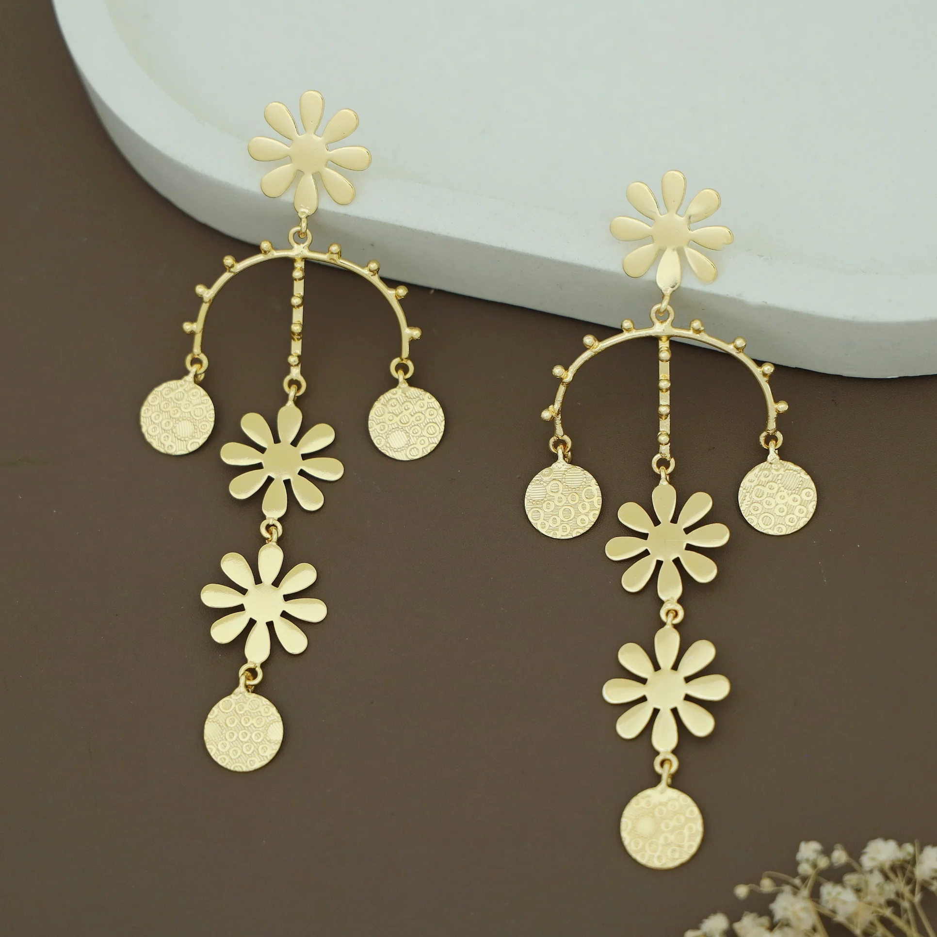 Golden Tri Midhila Flower Long Earring - Image 4