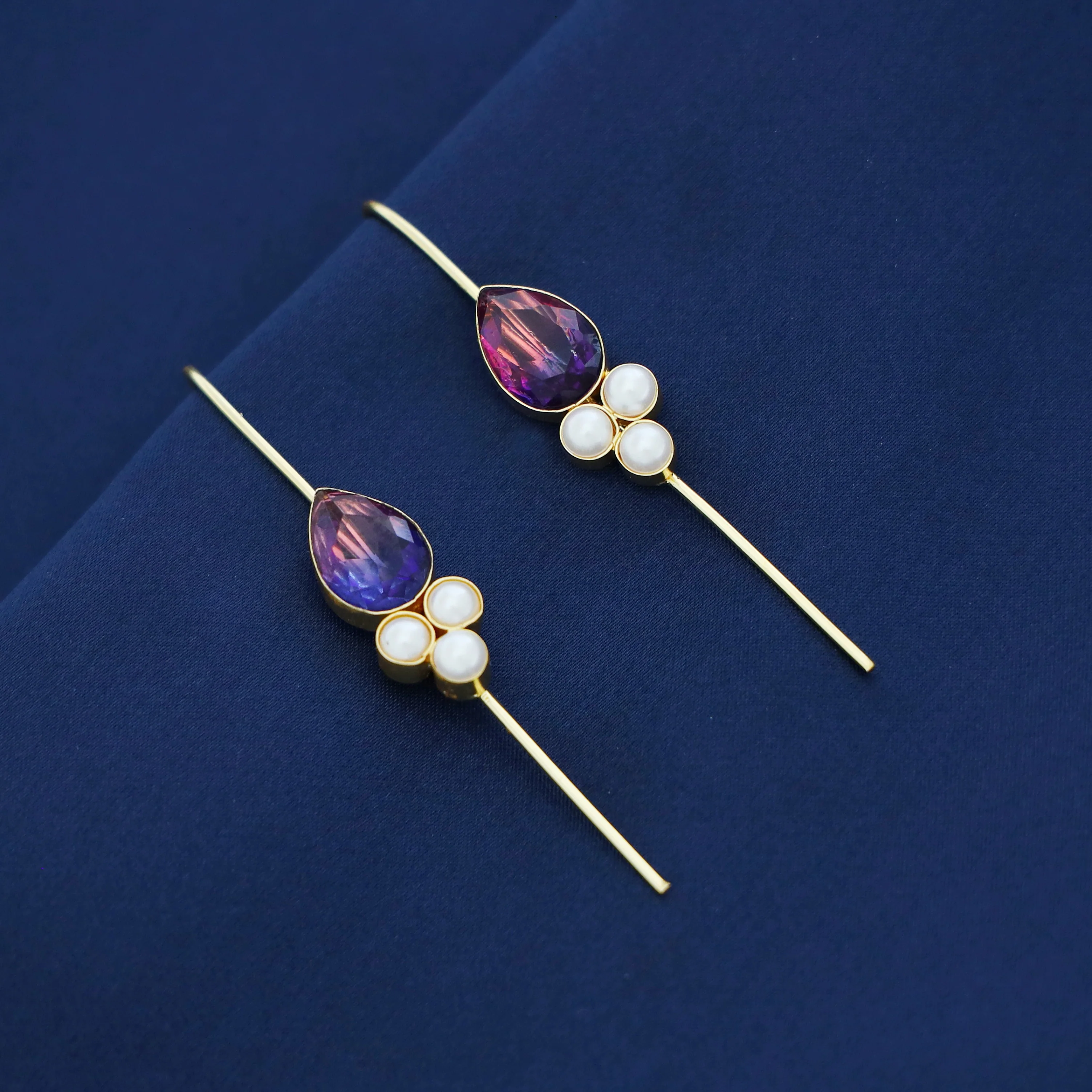 Golden Tri Pearl Glossy Drop Ear-Cuff (Set Of 2) - Image 11