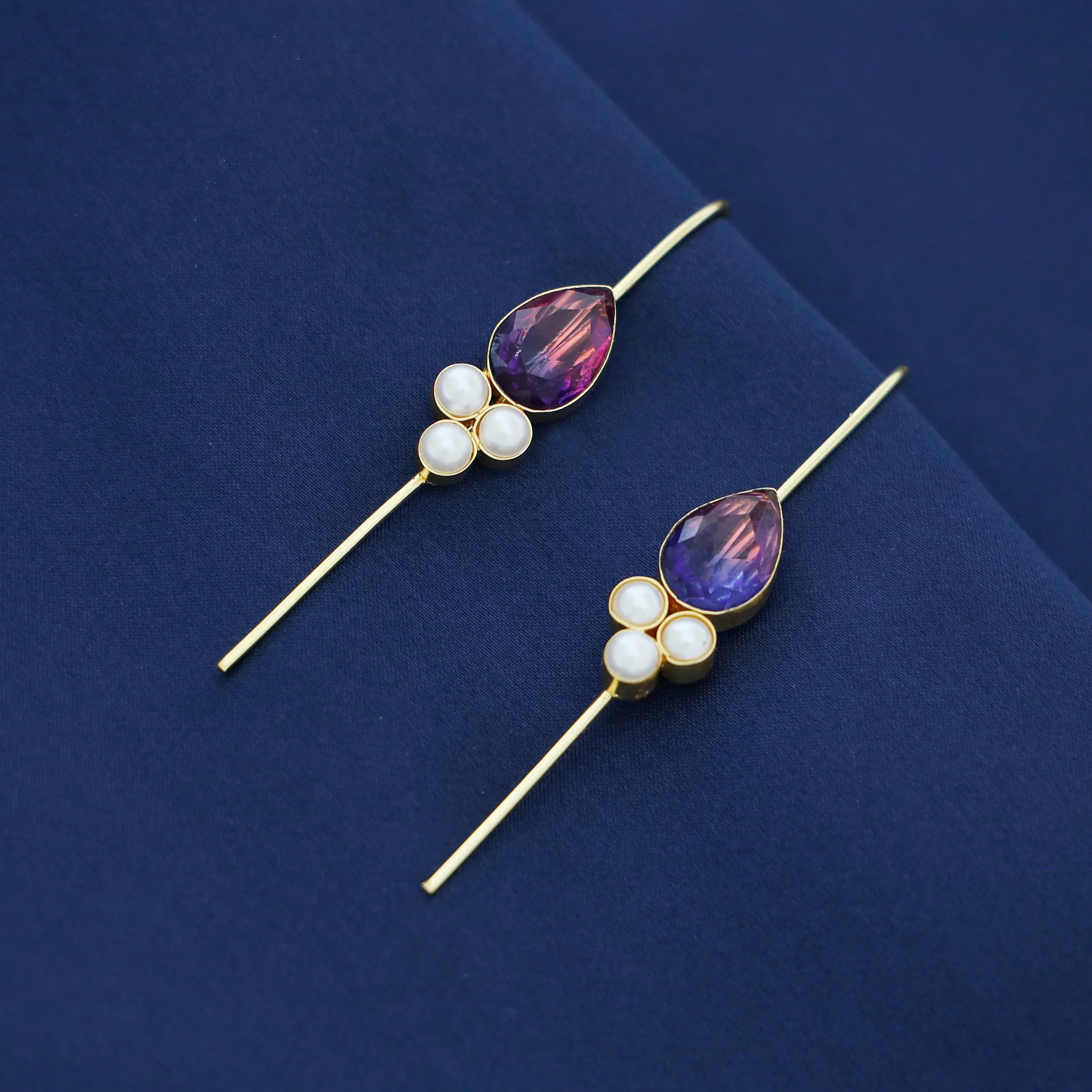 Golden Tri Pearl Glossy Drop Ear-Cuff (Set Of 2) - Image 12