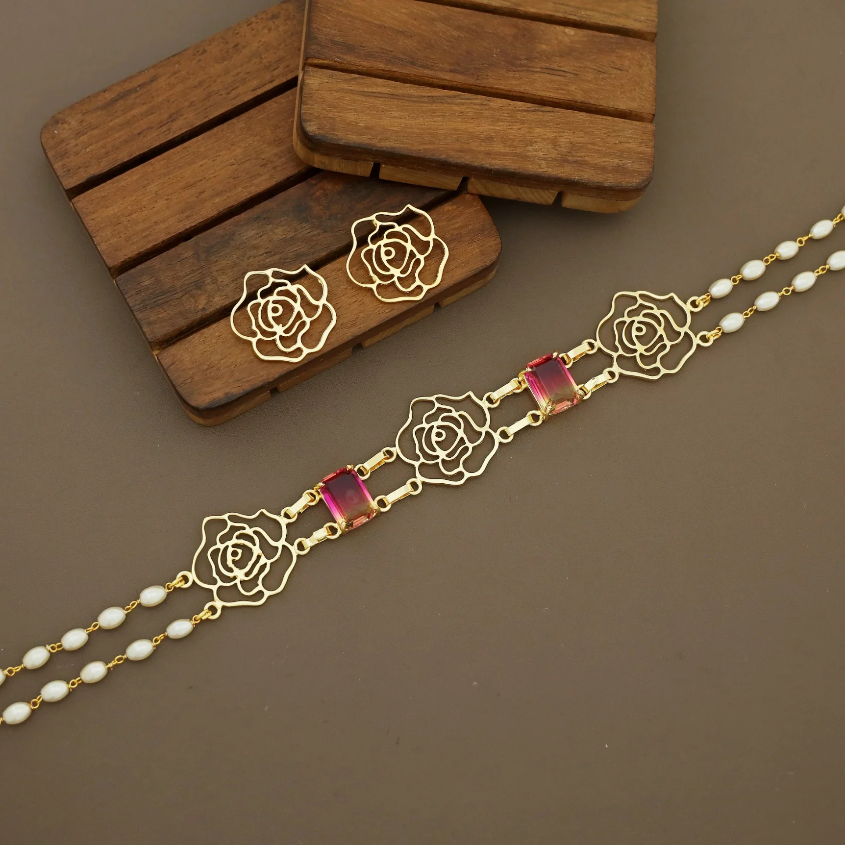 Golden Tri Raazi 2 Layer Rice Pearl Glossy Choker With Earring - Image 3