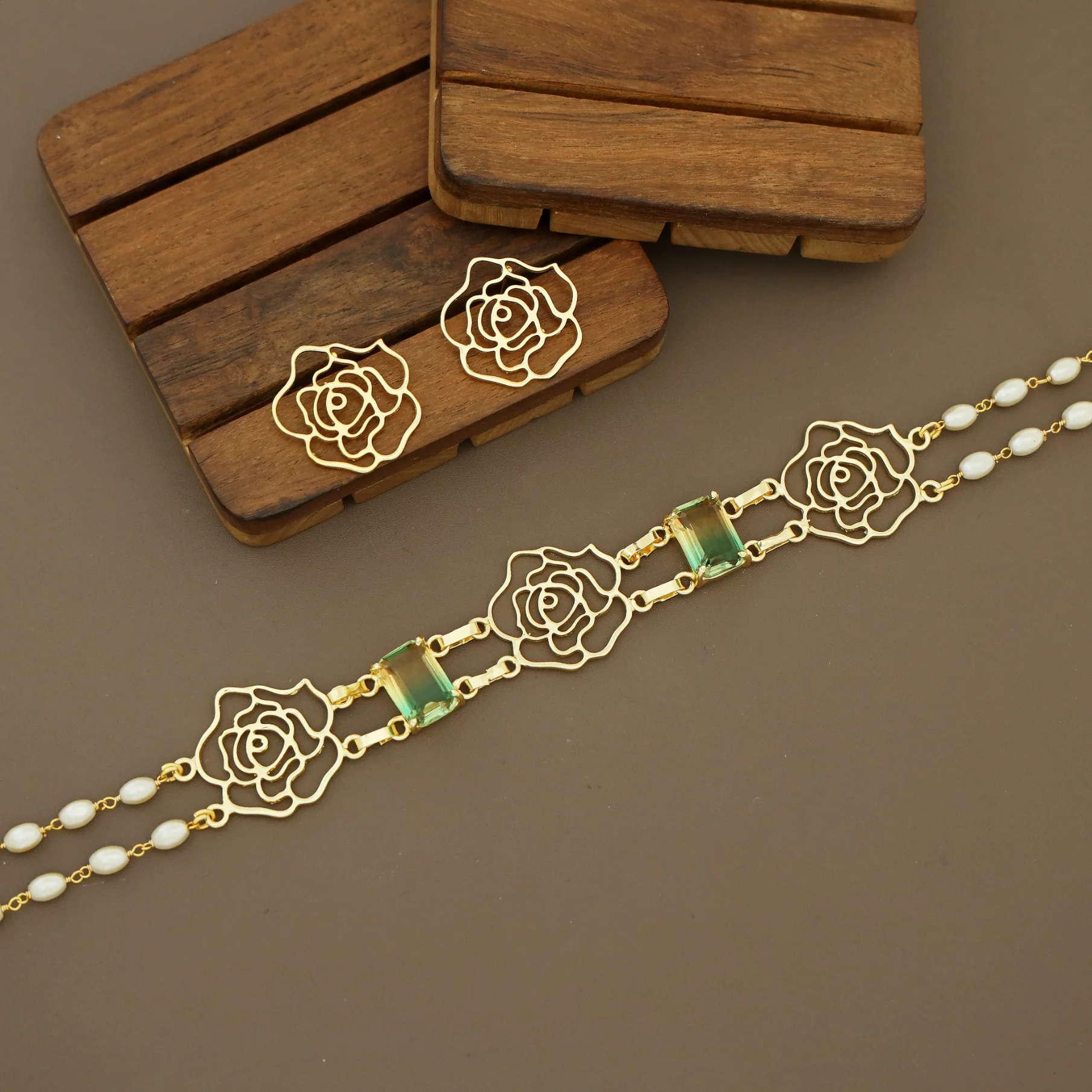 Golden Tri Raazi 2 Layer Rice Pearl Glossy Choker With Earring - Image 5
