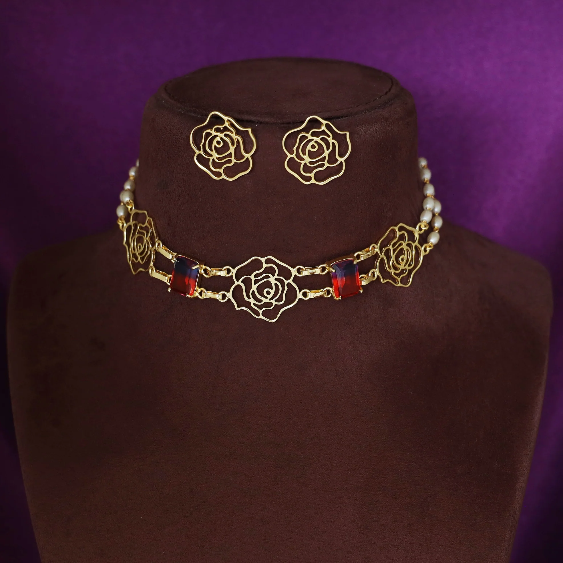 Golden Tri Raazi 2 Layer Rice Pearl Glossy Choker With Earring - Image 6