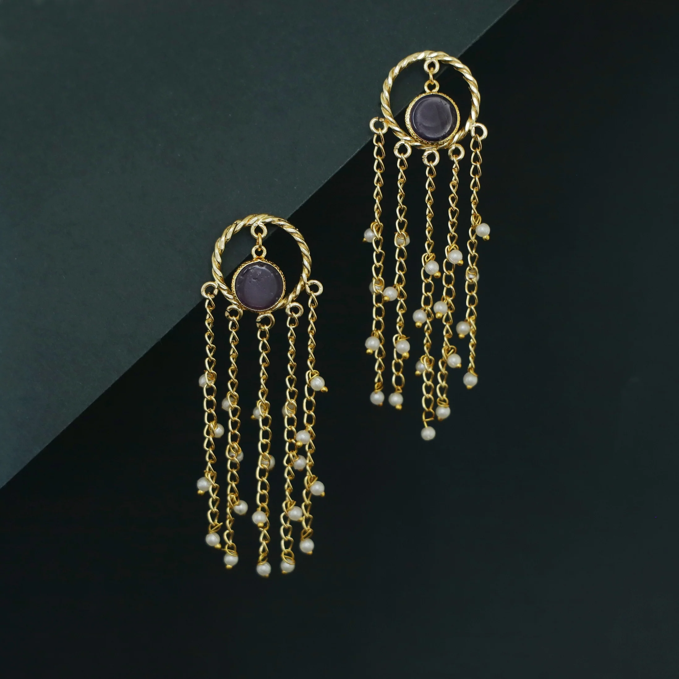 Aveline Golden Twisted Circle Tassel Pearl Earring - Image 2