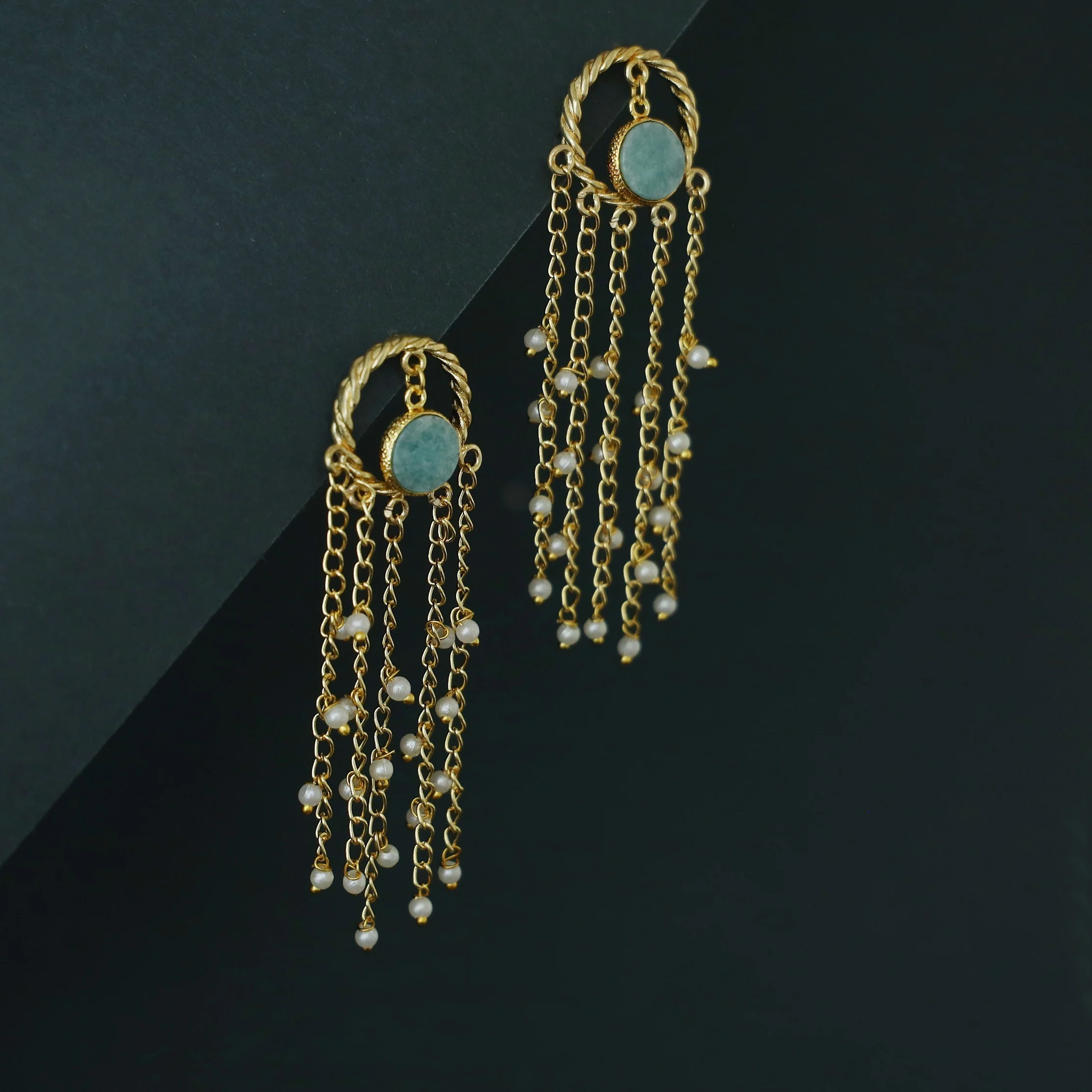 Aveline Golden Twisted Circle Tassel Pearl Earring - Image 6
