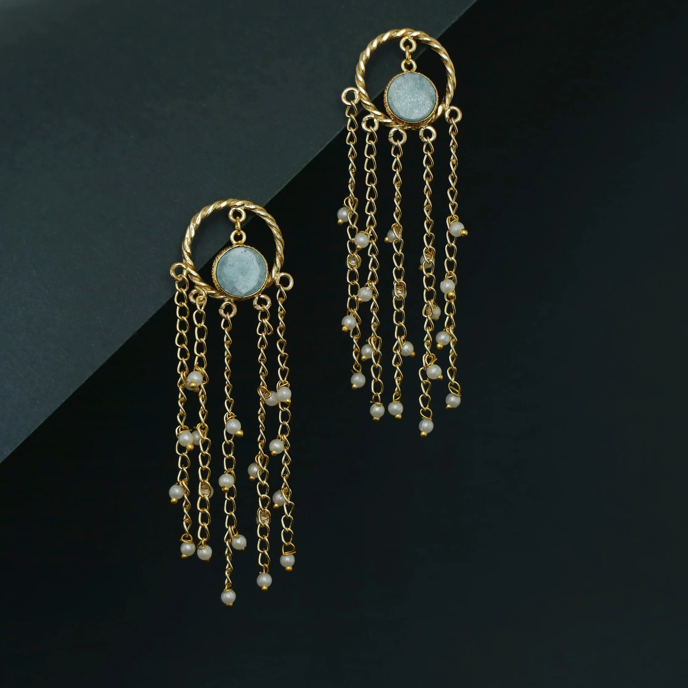 Aveline Golden Twisted Circle Tassel Pearl Earring - Image 7