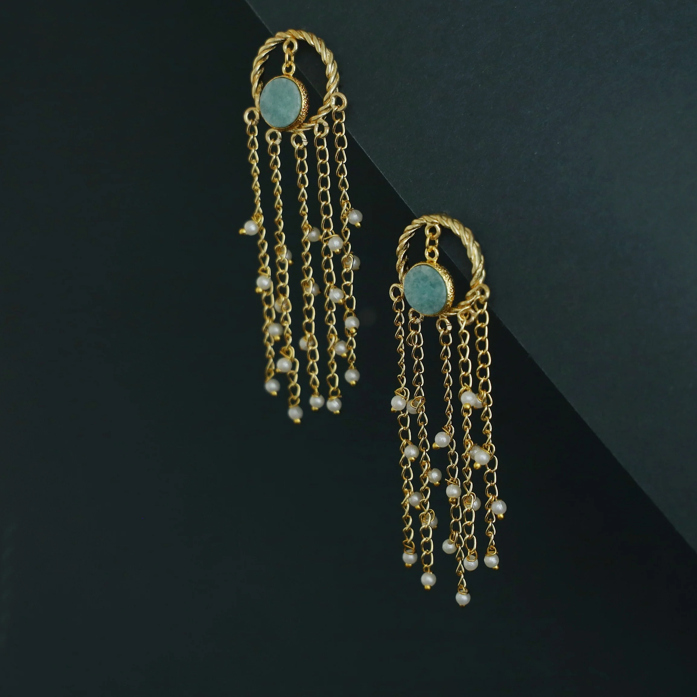 Aveline Golden Twisted Circle Tassel Pearl Earring - Image 8