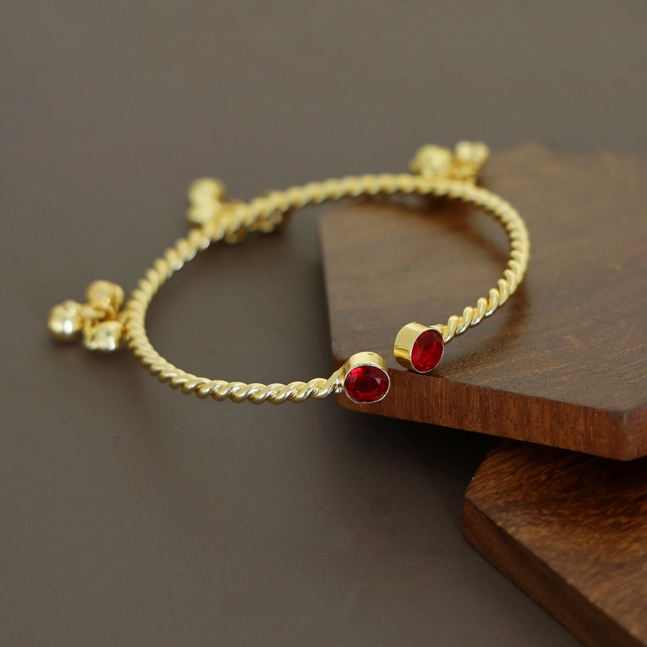 Golden Twisted Ghungroo Dual Glossy Stone Bangle - Image 2