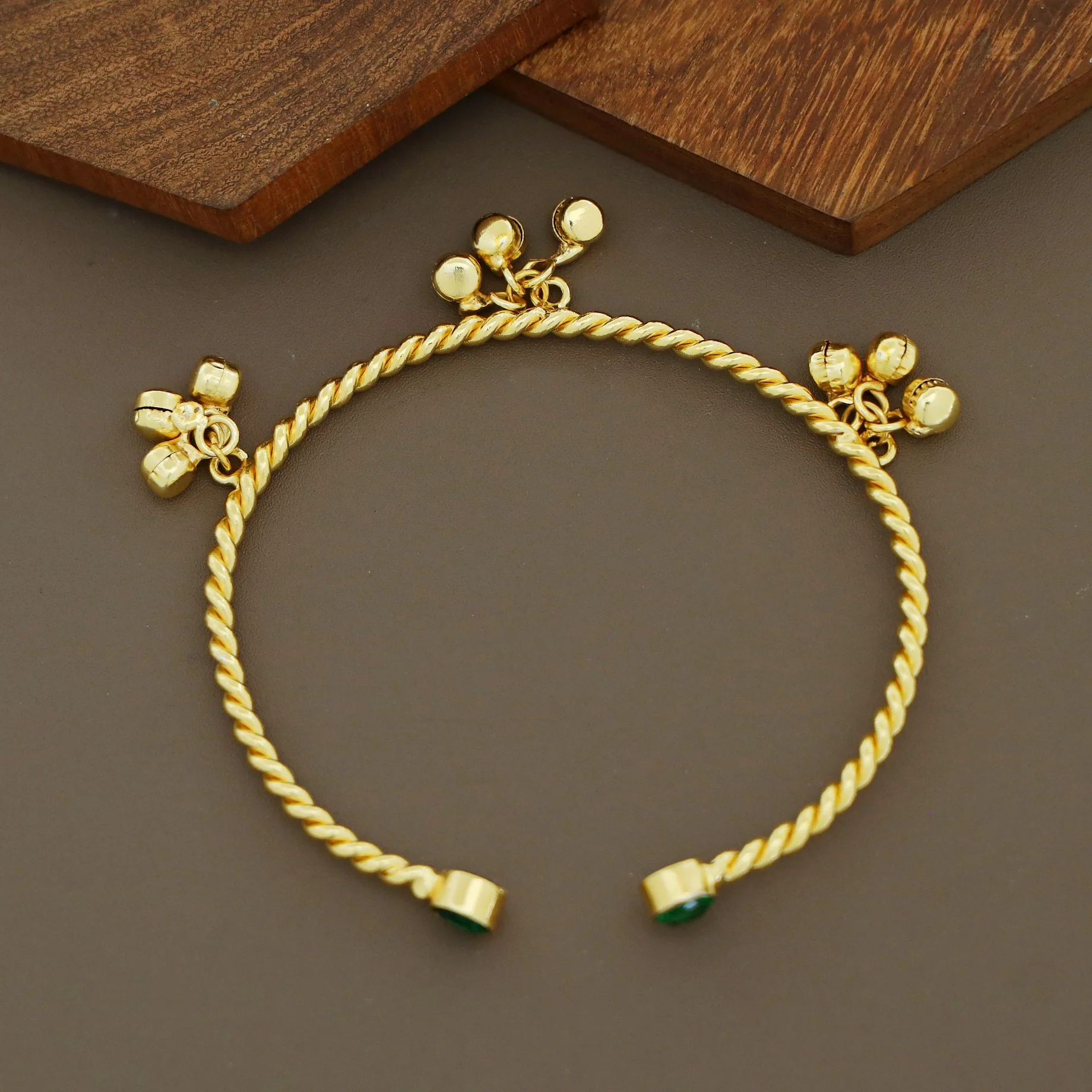Golden Twisted Ghungroo Dual Glossy Stone Bangle - Image 6